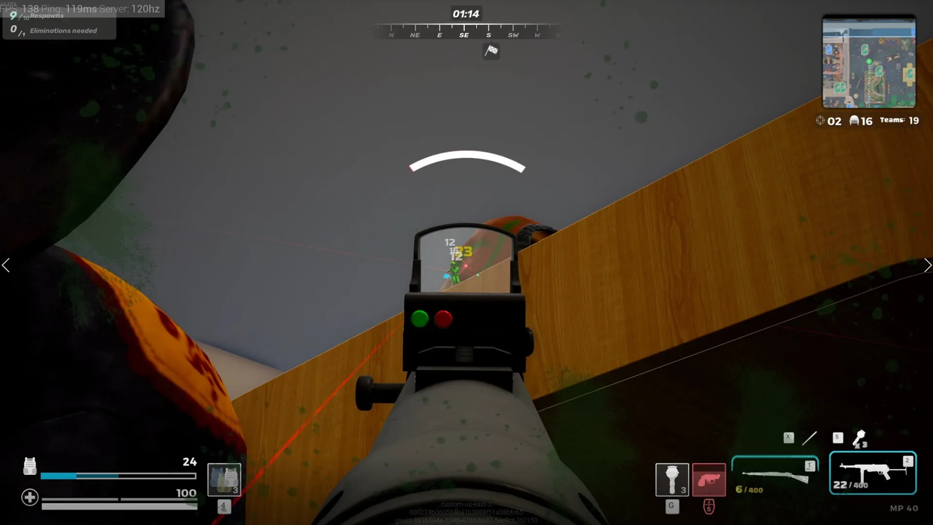 Mini Royale: Aiming down sights at enemy soldier on a wooden shelf in a kids' bedroom environment