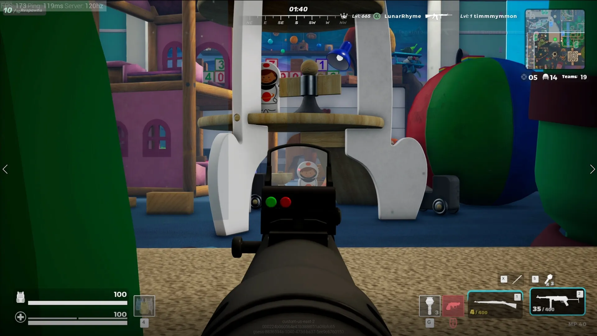 Mini Royale: First-person view aiming at toy shelf in colorful kids' bedroom with HUD elements visible
