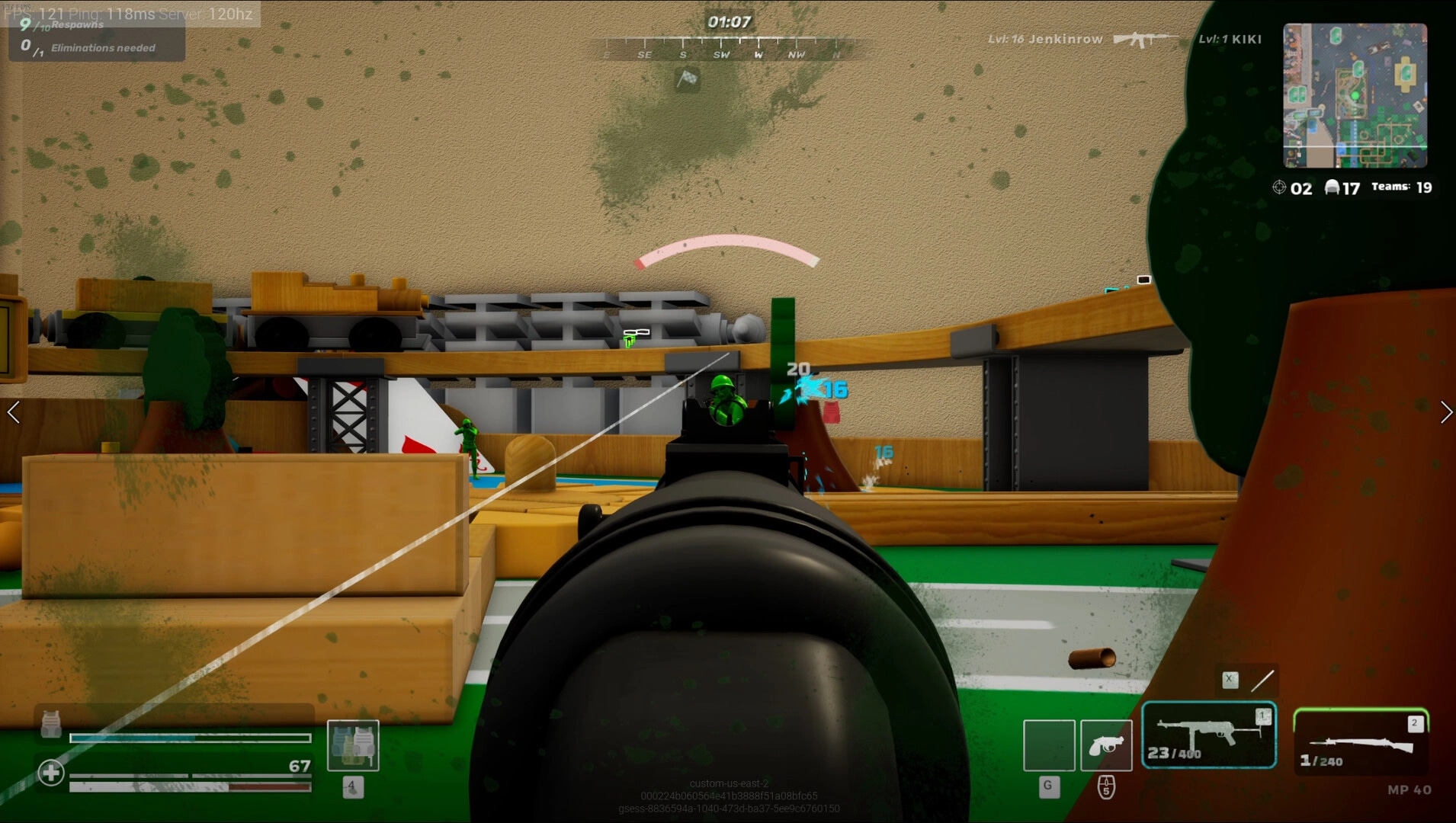 Mini Royale: First-person aiming at toy soldiers on a desk with health bar and map in kids' bedroom