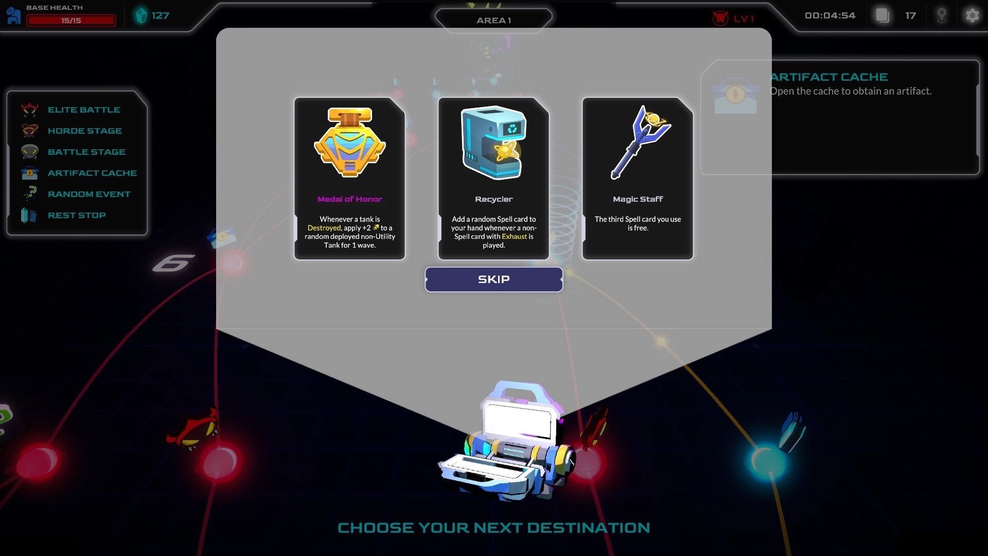 Mini Tank Mayhem: Artifact selection menu with Medal of Honor, Recycler, and Magic Staff options displayed