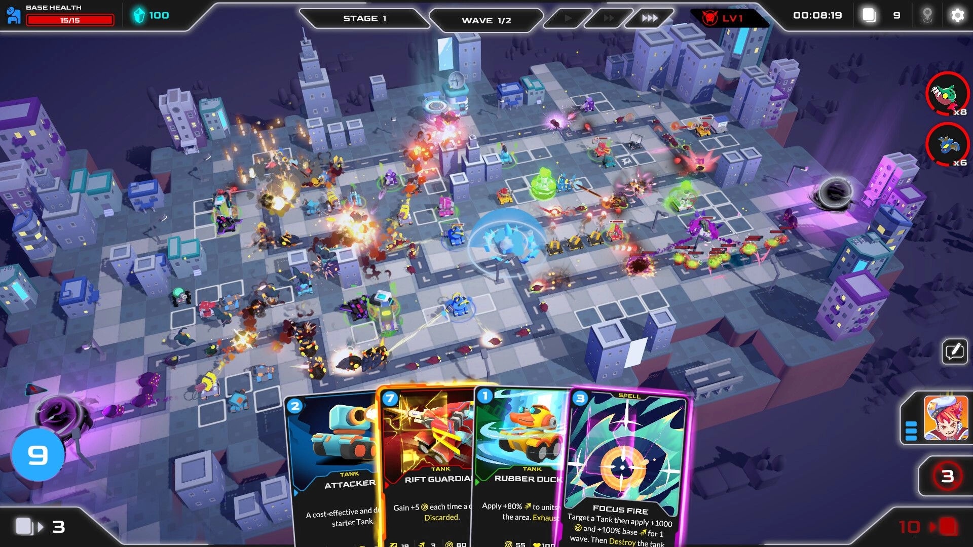 Mini Tank Mayhem: Tactical defense setup with active card selection in a futuristic cityscape environment