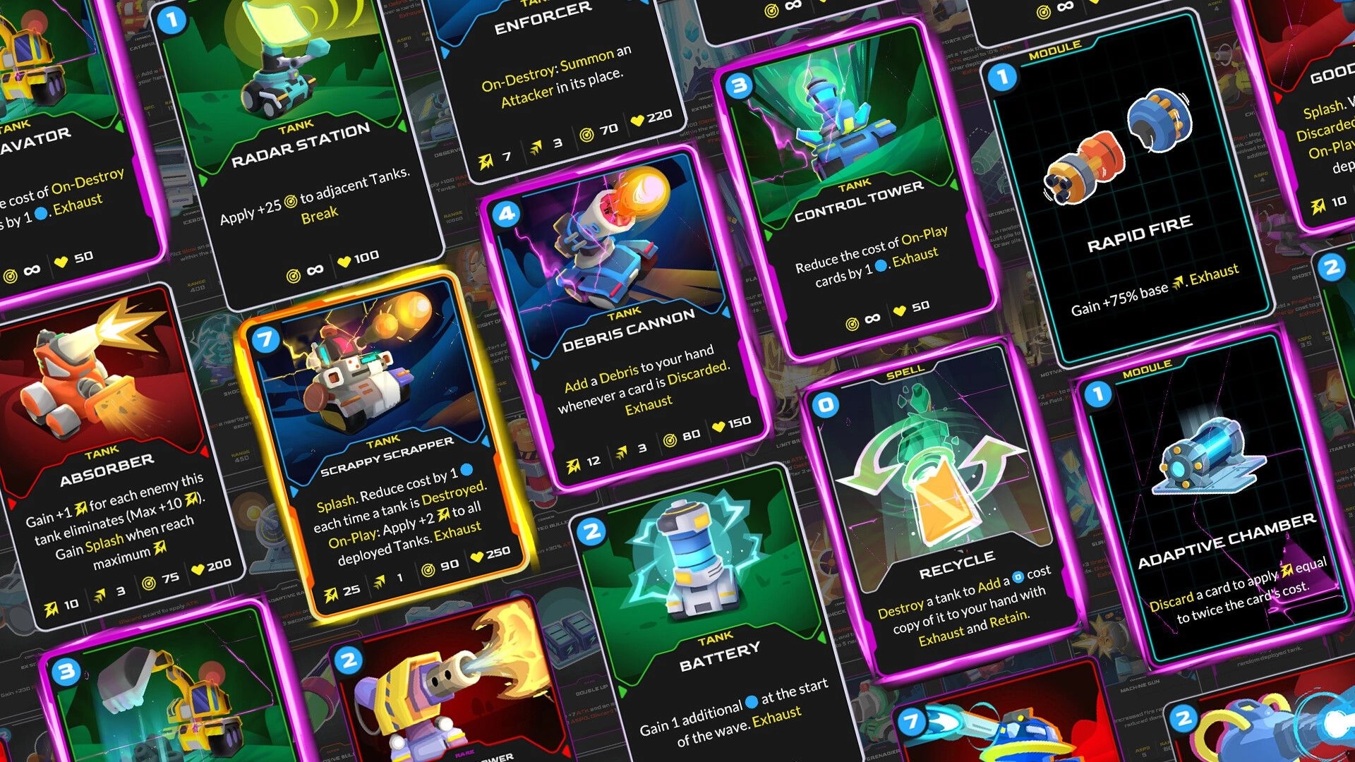 Mini Tank Mayhem: Various tank cards with stats and abilities displayed in the deck-building interface