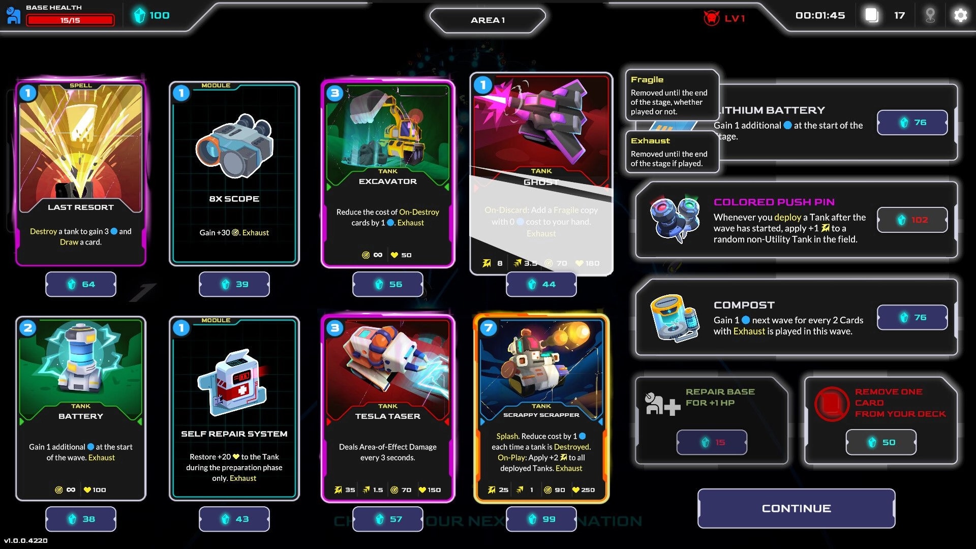 Mini Tank Mayhem: Card selection screen with various tank upgrades and abilities displayed in Area 1