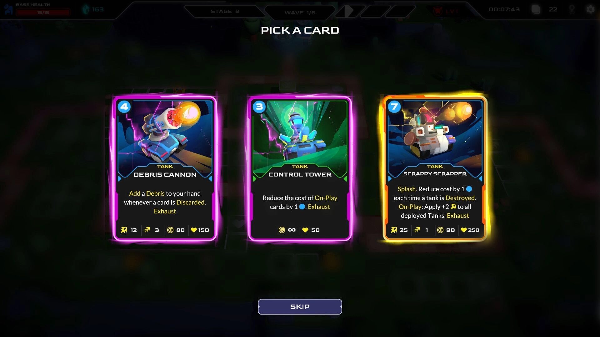 Mini Tank Mayhem: Card selection screen featuring Debris Cannon, Control Tower, and Scrappy Scrapper