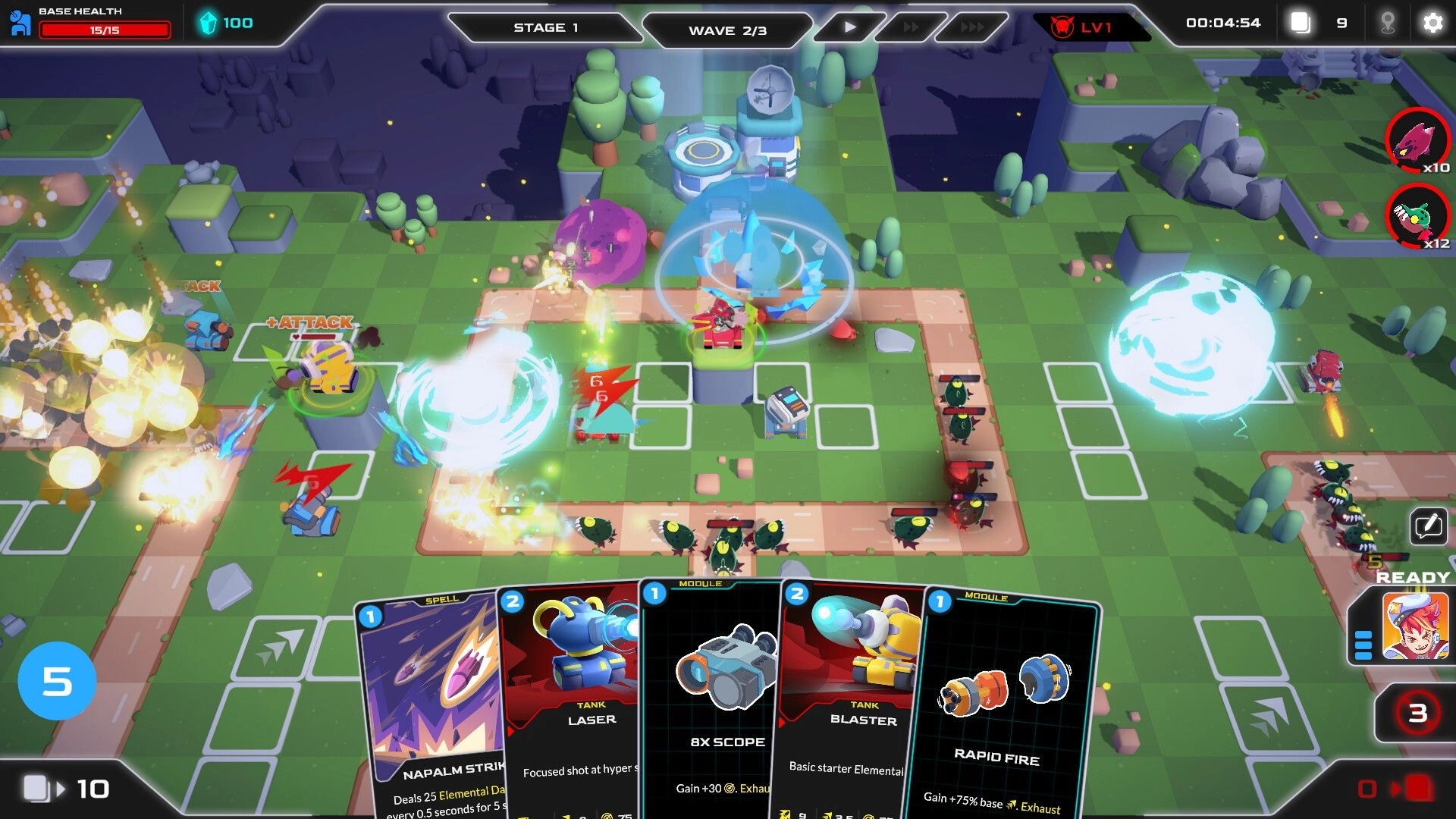 Mini Tank Mayhem: Defending against alien waves with card deck and active combat on grid battlefield.