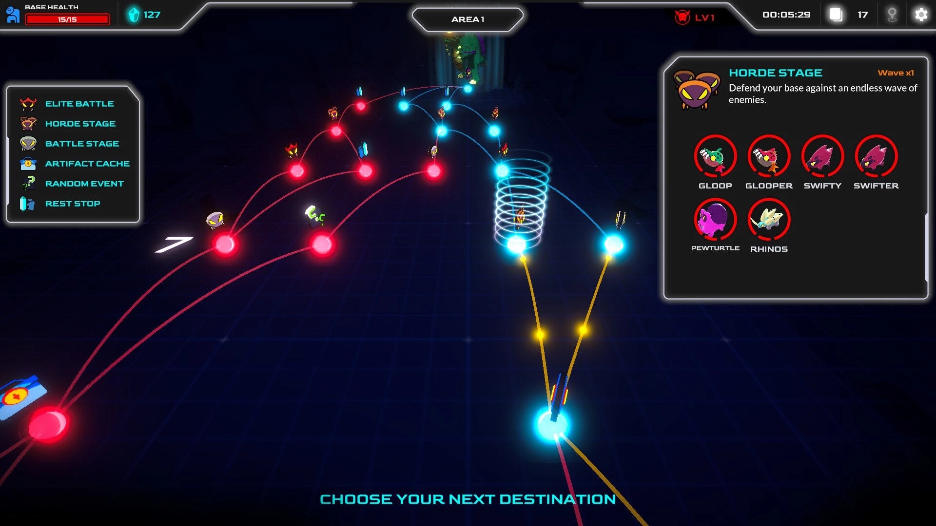 Mini Tank Mayhem: Map overview showing path selection, enemy icons, and horde stage details in Area 1.
