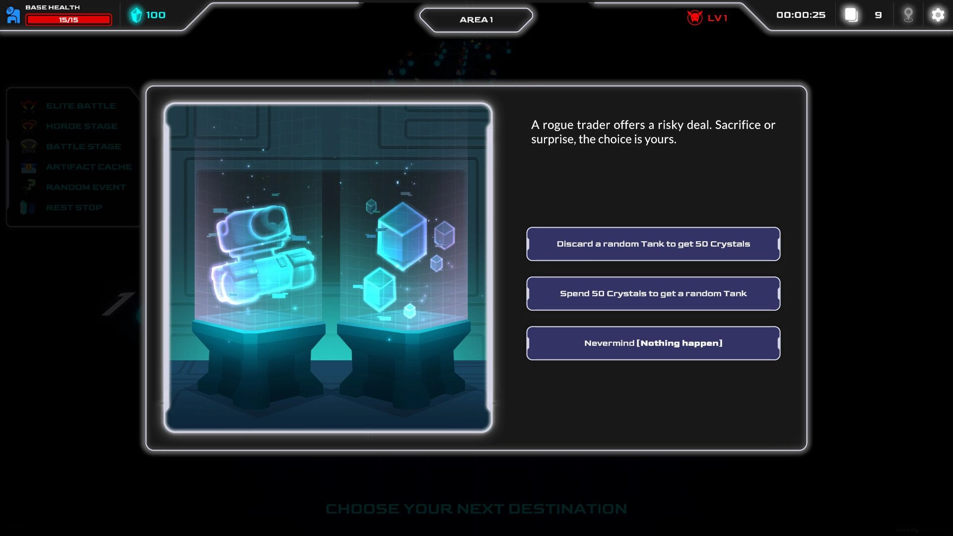 Mini Tank Mayhem: Holographic tank display with trader options in futuristic control room interface