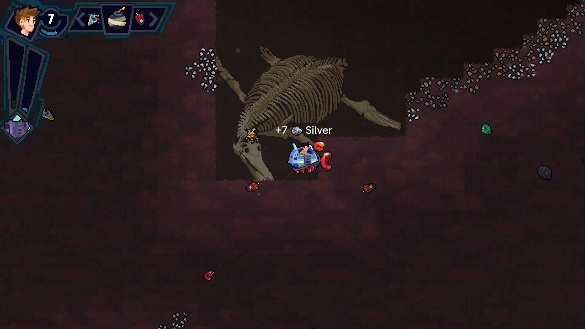 Mining Merchant: Player collects +7 silver beside a giant fossil skeleton in a dark underground mine tunnel.
