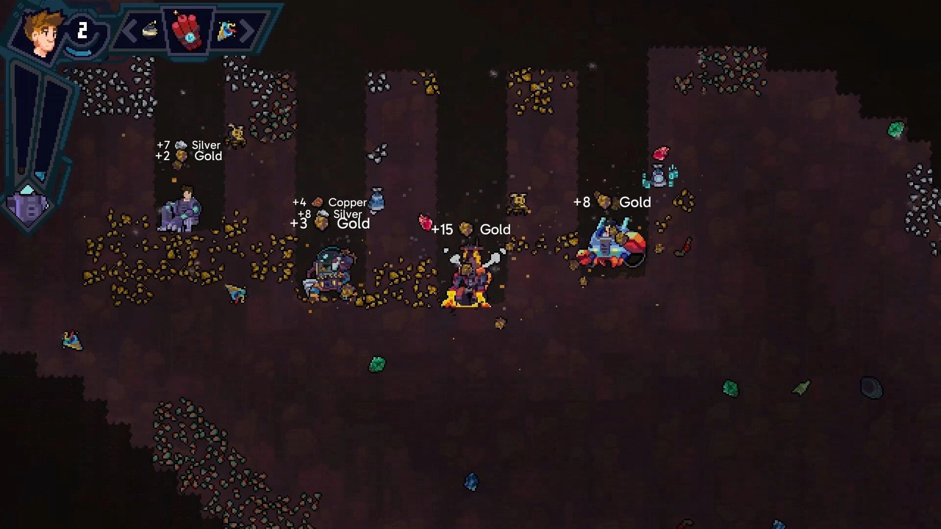 Mining Merchant: Miners dig ore as Silver, Gold, and Copper pop-up loot counters in a dark cave.
