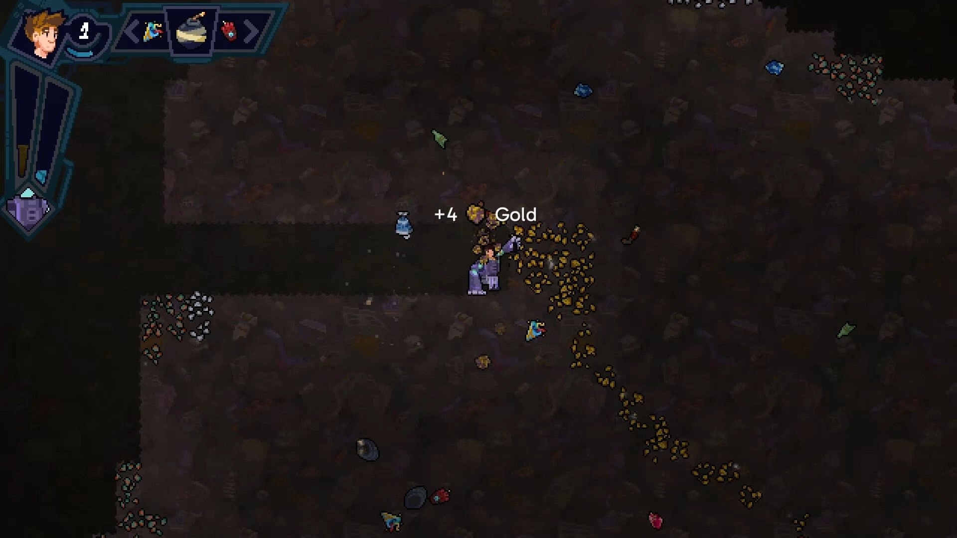 Mining Merchant: Player mining a gold vein as +4 Gold pops up in a dark underground tunnel with HUD.