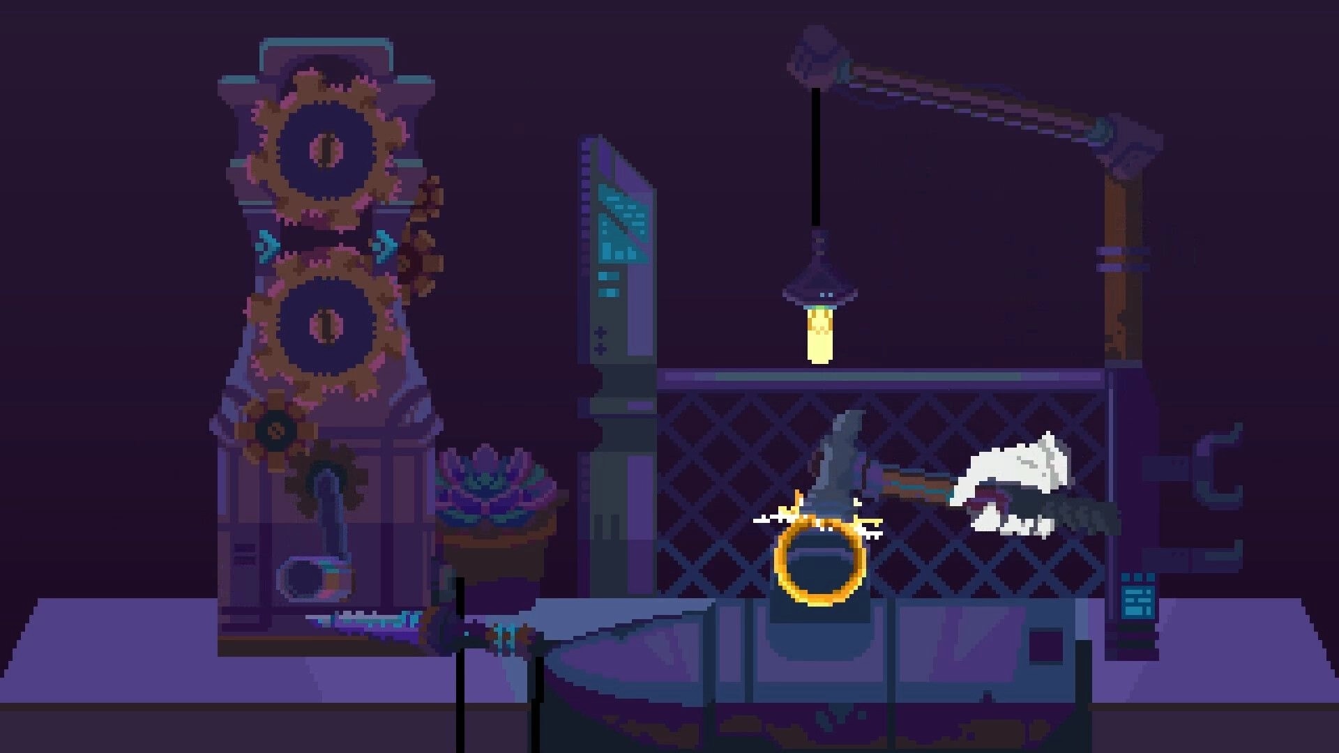 Mining Merchant: Ring polishing on a workbench beside gear machinery and hanging lamp in a dark workshop.