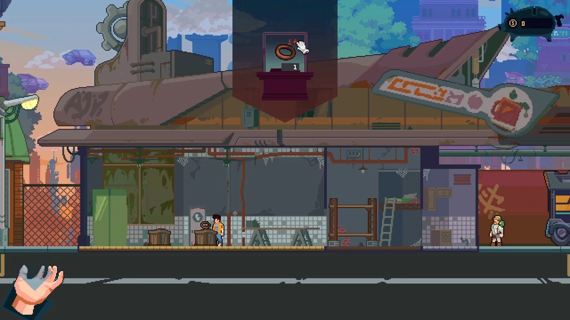 Mining Merchant: Player crafts a ring at a workbench with item popup UI inside a run-down shop interior.