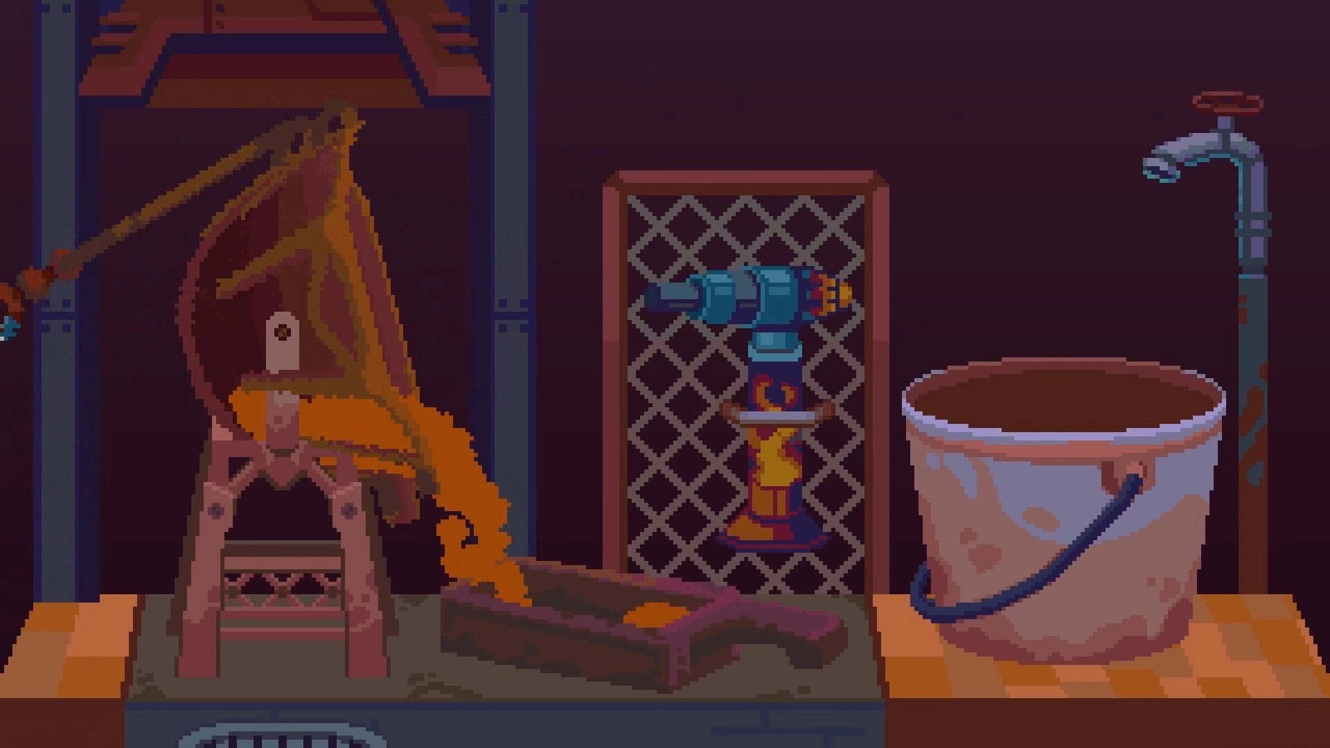Mining Merchant: Close-up of a workbench with saw, drill, and bucket in a dim workshop area.