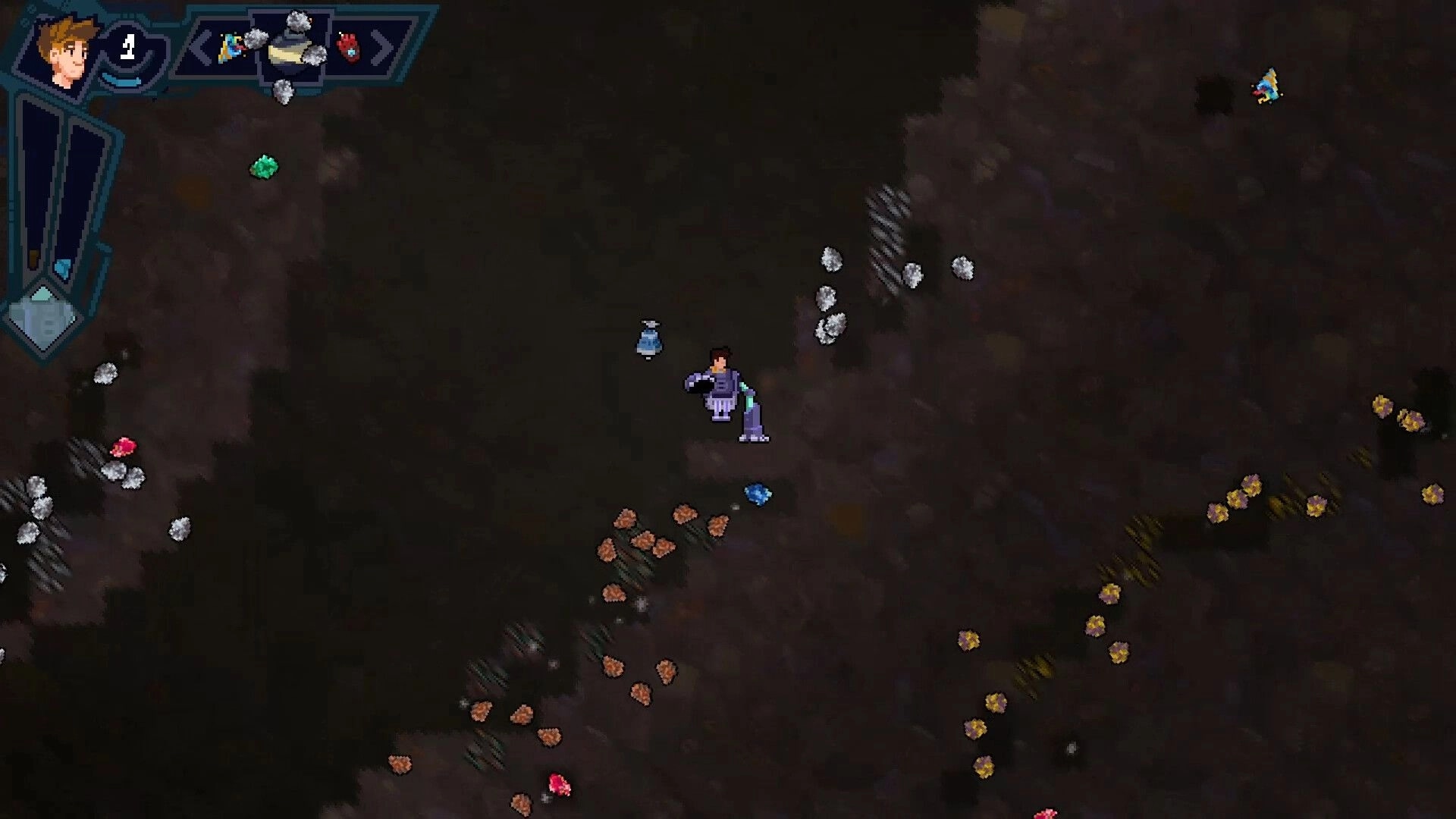Mining Merchant: Miner character digging ore beside scattered gems in a dark underground cave with HUD.