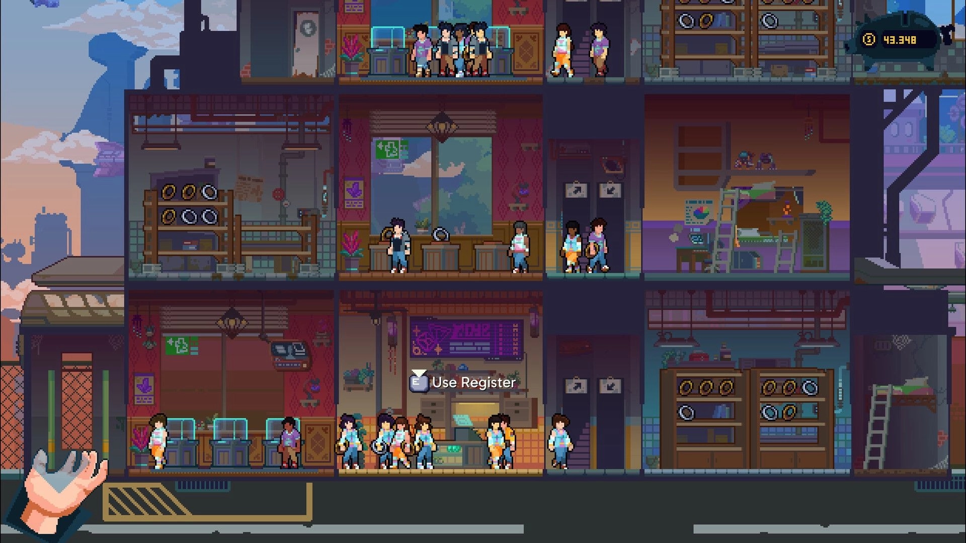 Mining Merchant: Crowded shop with NPCs and Use Register prompt beside jewelry display shelves indoors.