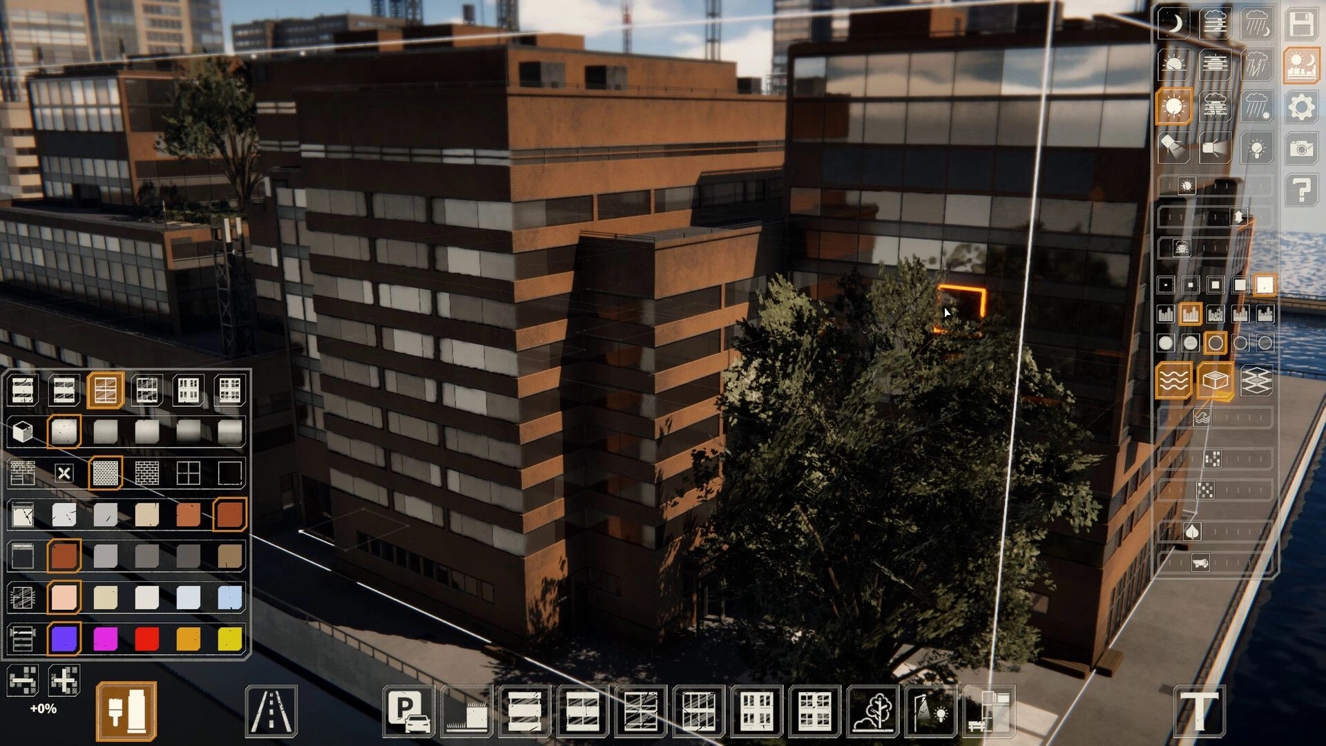 miniopolis: Building facade editing with material palette and toolbars over dense city blocks by water.