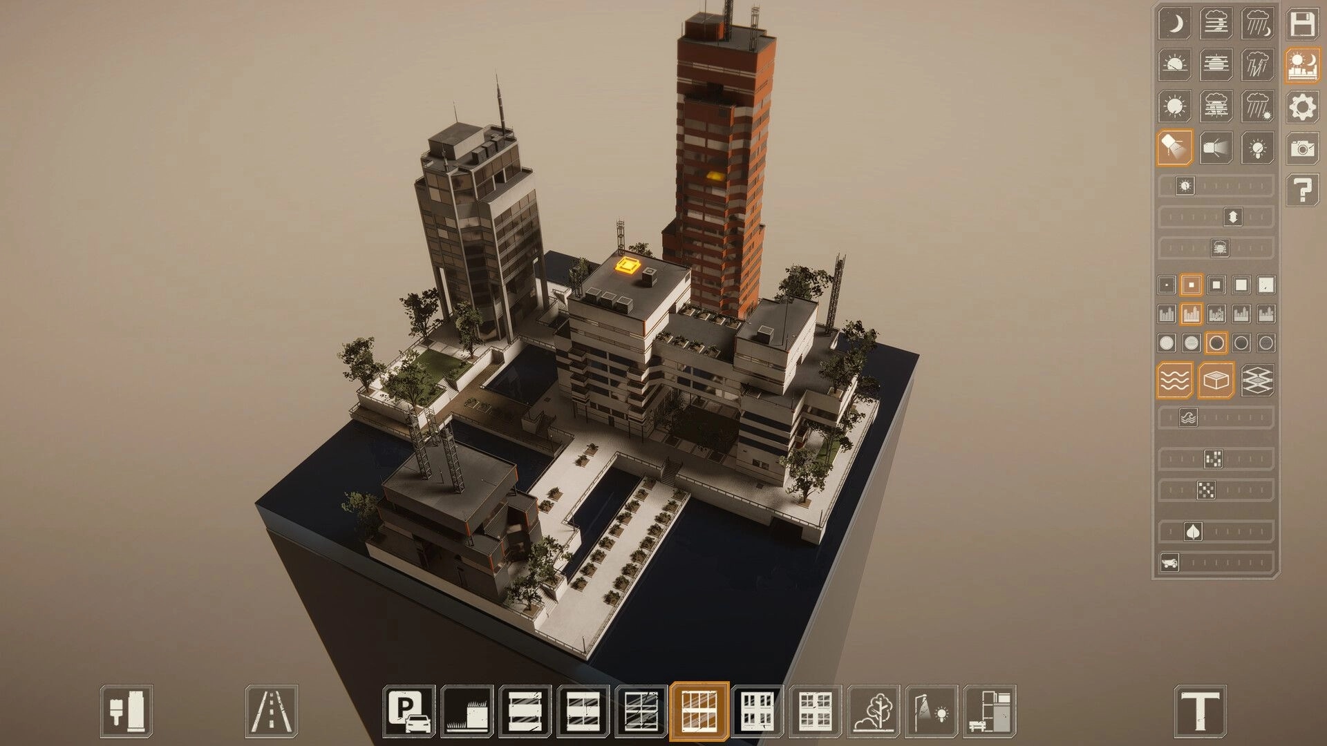 miniopolis: Compact high-rise city block with roads and trees, build tools and icons in UI panels.