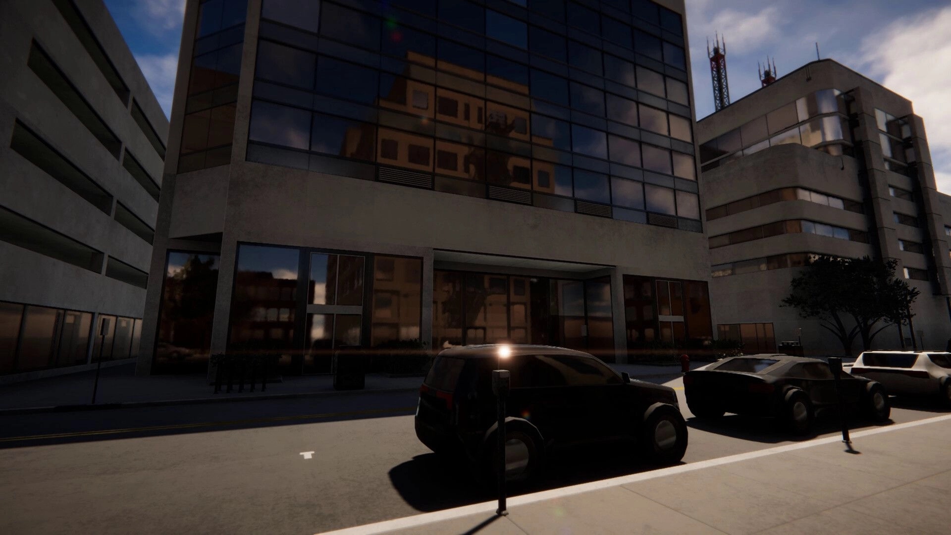 miniopolis: Street-level view of glass office buildings and parked cars in a sunlit downtown block.