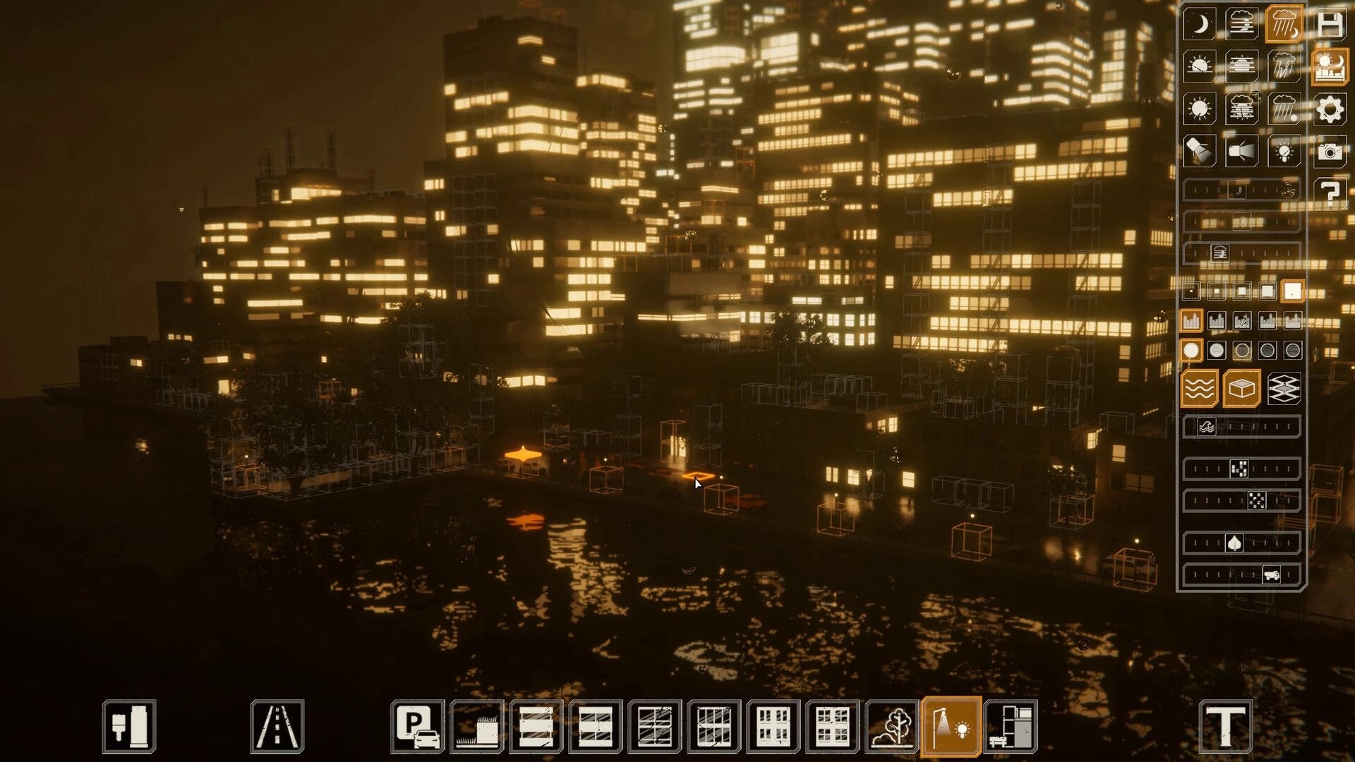 miniopolis: Nighttime city build with glowing high-rises and tool panels over a waterfront skyline.