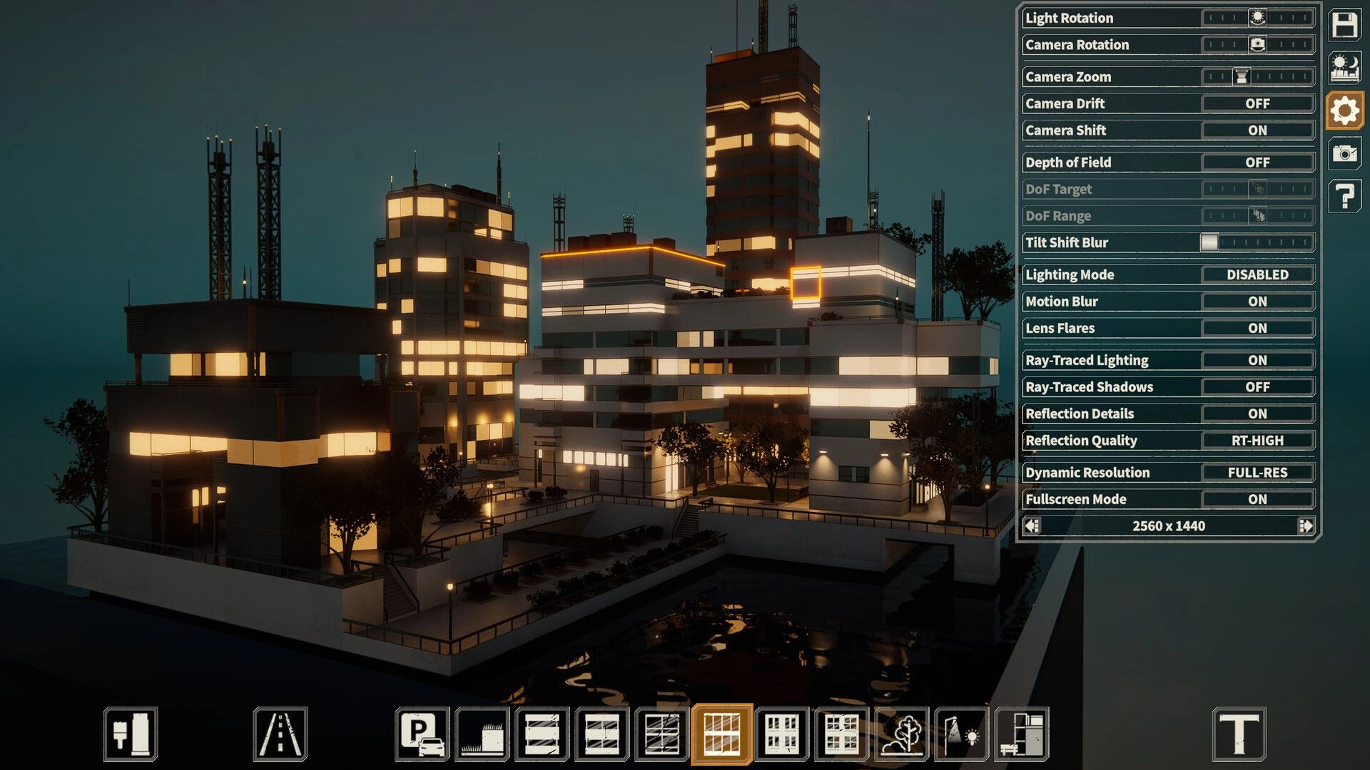 miniopolis: Graphics settings panel open over a glowing modern city block at night by water.