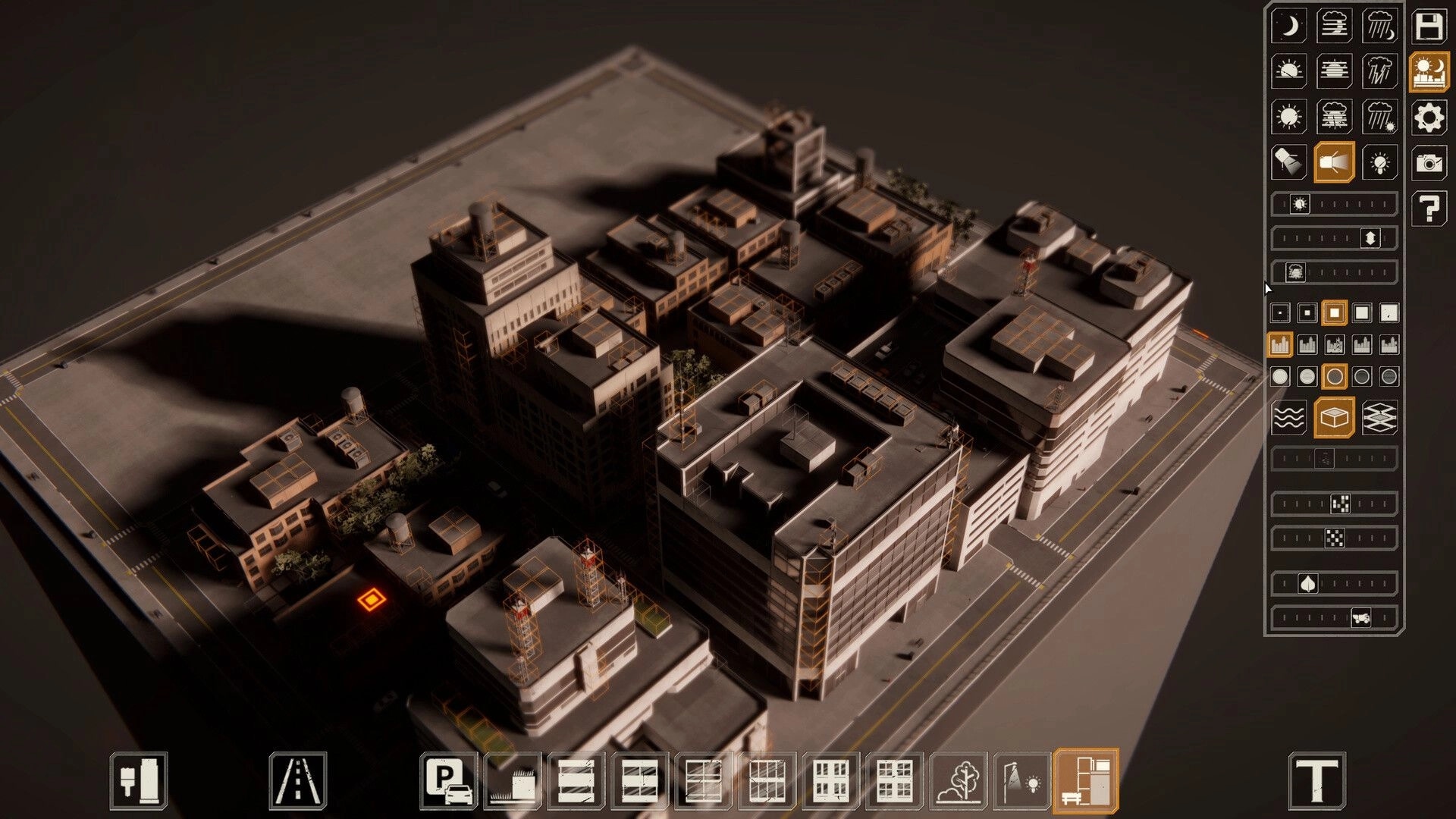 miniopolis: Overhead view of dense city block with building tools UI and road grid at dusk.