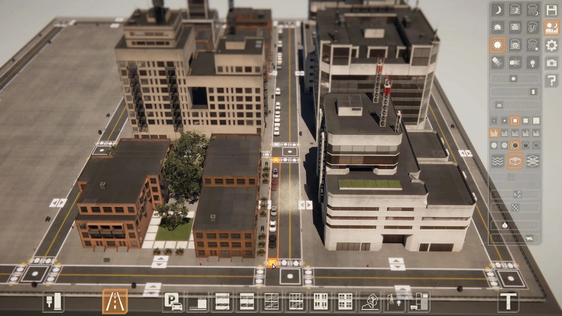 miniopolis: Overhead city block with road tools UI, cars and mid-rise buildings along a street grid.