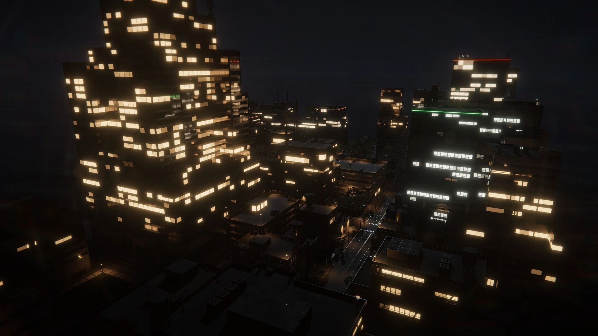miniopolis: Nighttime cityscape with glowing high-rise windows and lit streets between dense blocks.