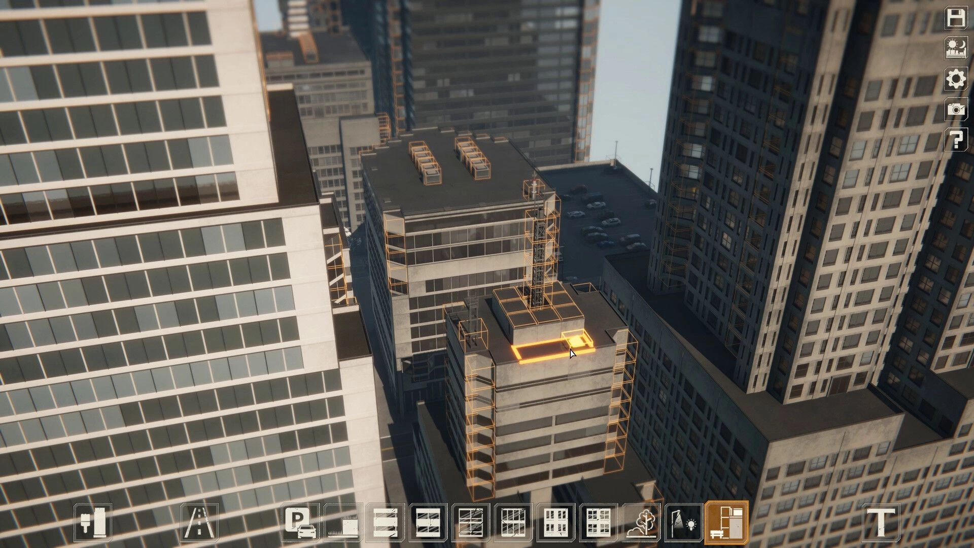 miniopolis: Building editor highlights a rooftop section in orange amid dense downtown skyscrapers UI.