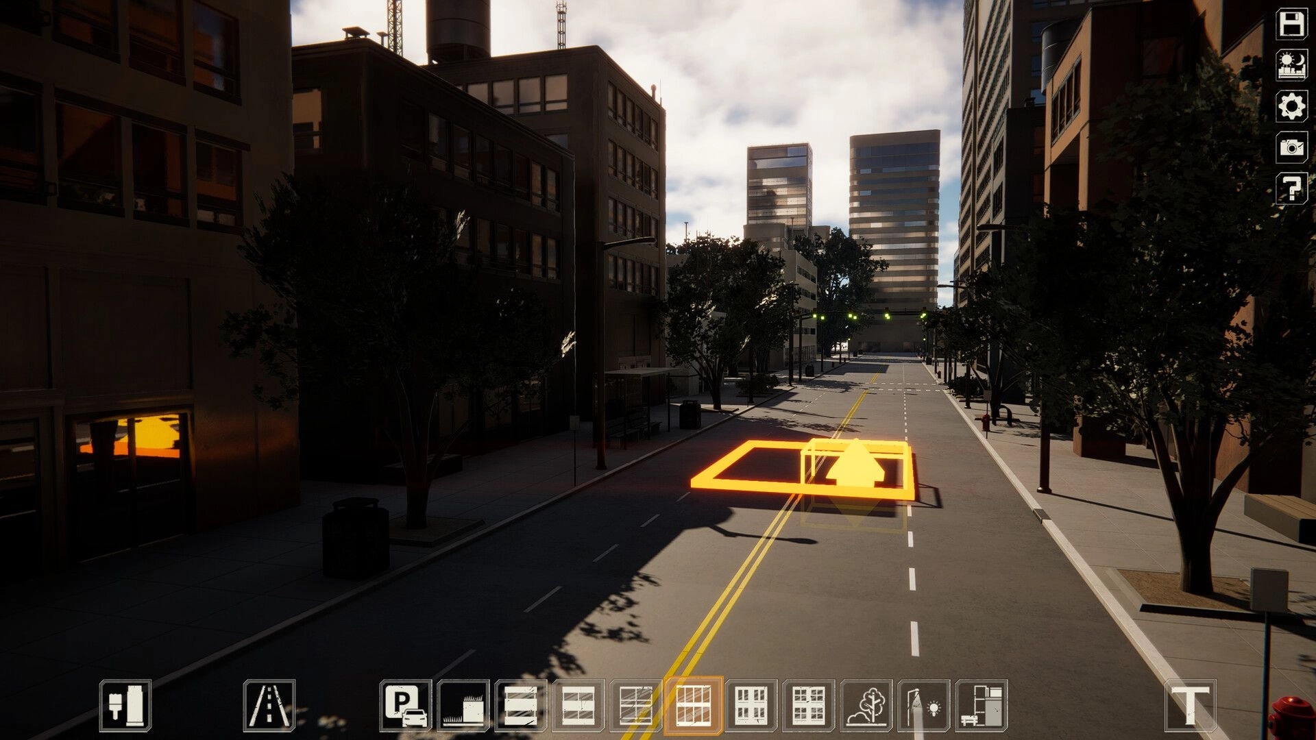 miniopolis: Orange road placement gizmo on empty city street between tall buildings and trees, UI toolbar visible.