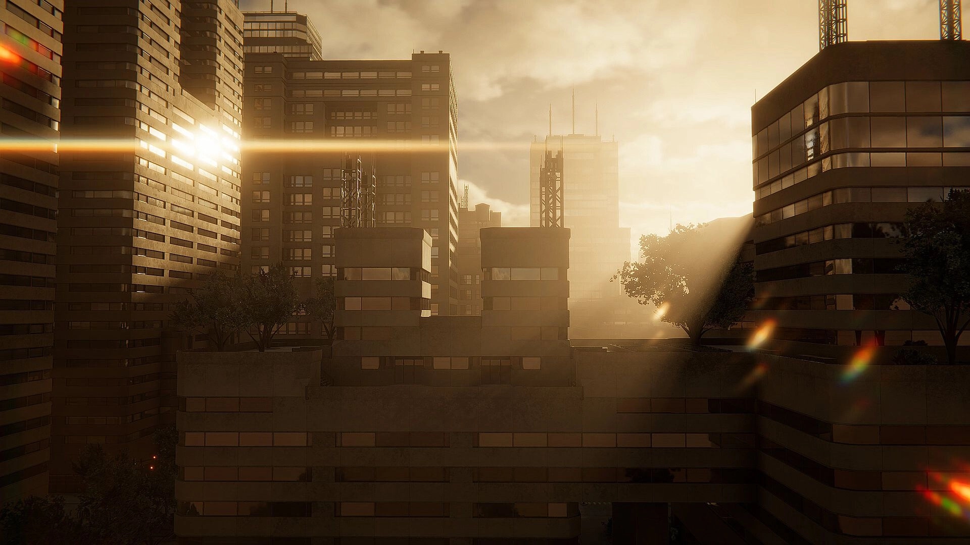 miniopolis: Sunlit high-rise blocks with rooftop antennas and trees in a dense city at sunset haze.