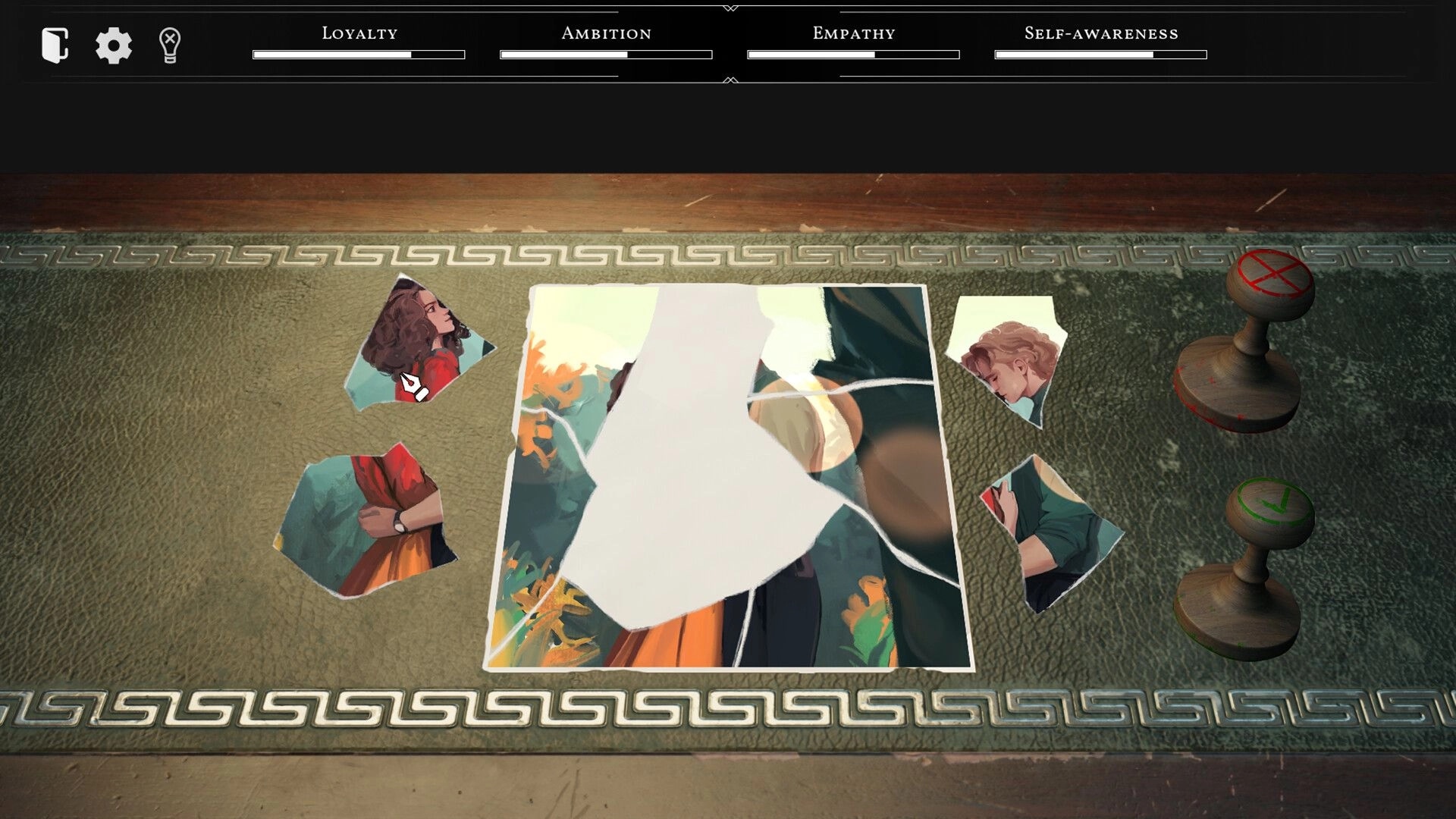 MINISTRY OF TRUTH: Puzzle assembly on a desk with character pieces and approval stamps visible
