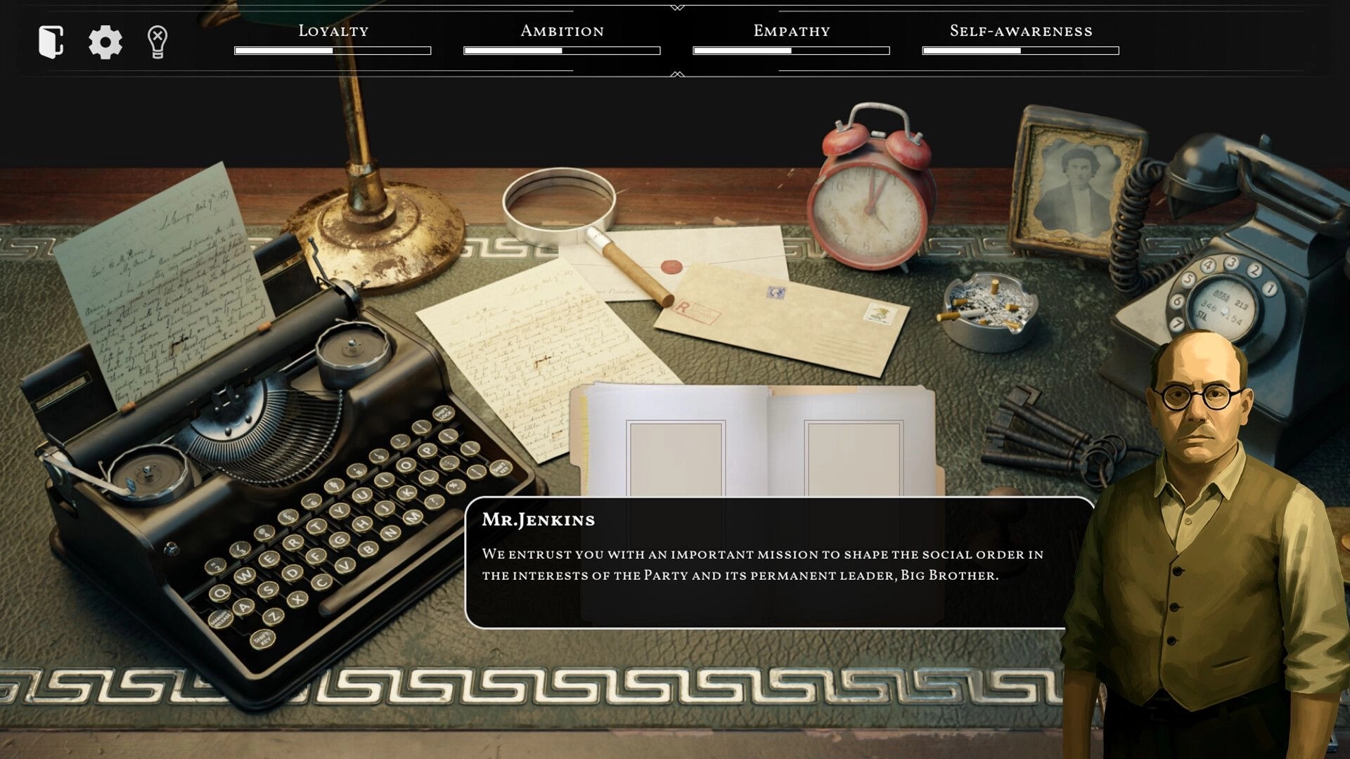MINISTRY OF TRUTH: Mr. Jenkins gives mission at cluttered desk with typewriter, letters, and photo frame.