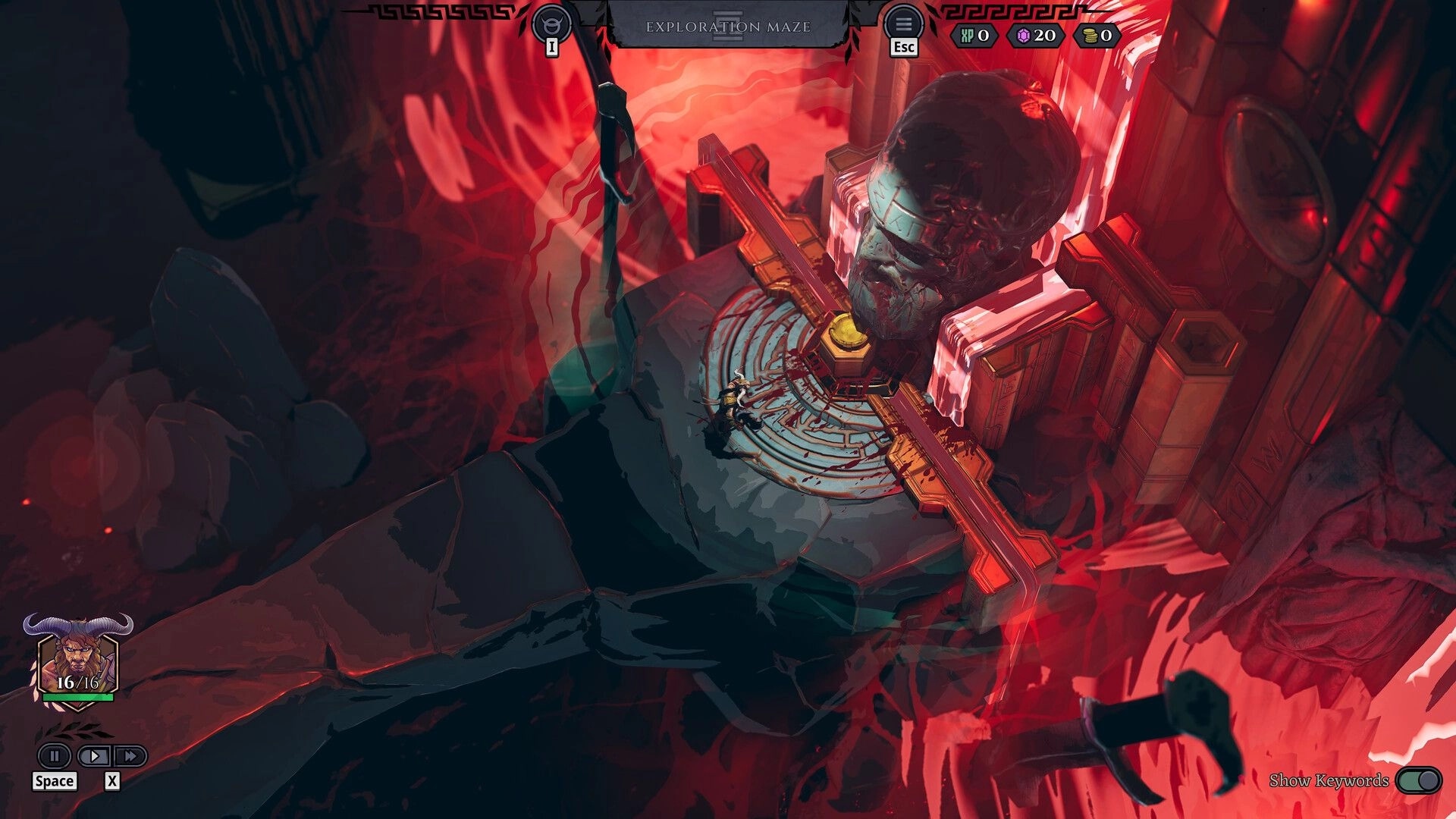 Minos: Minotaur character stands before a giant stone head in a red-lit temple environment