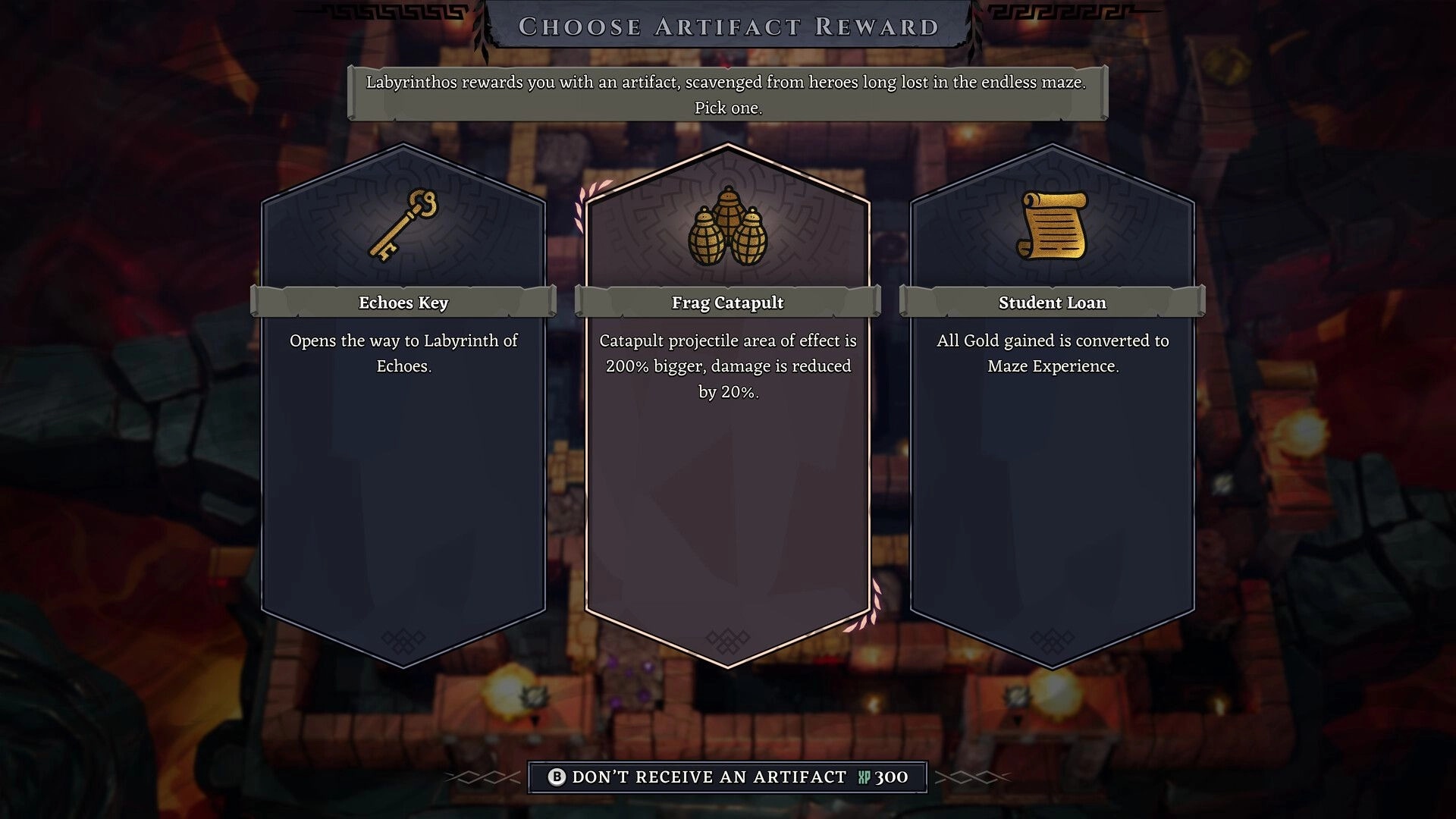 Minos: Artifact selection screen with Echoes Key, Frag Catapult, and Student Loan options in dungeon.