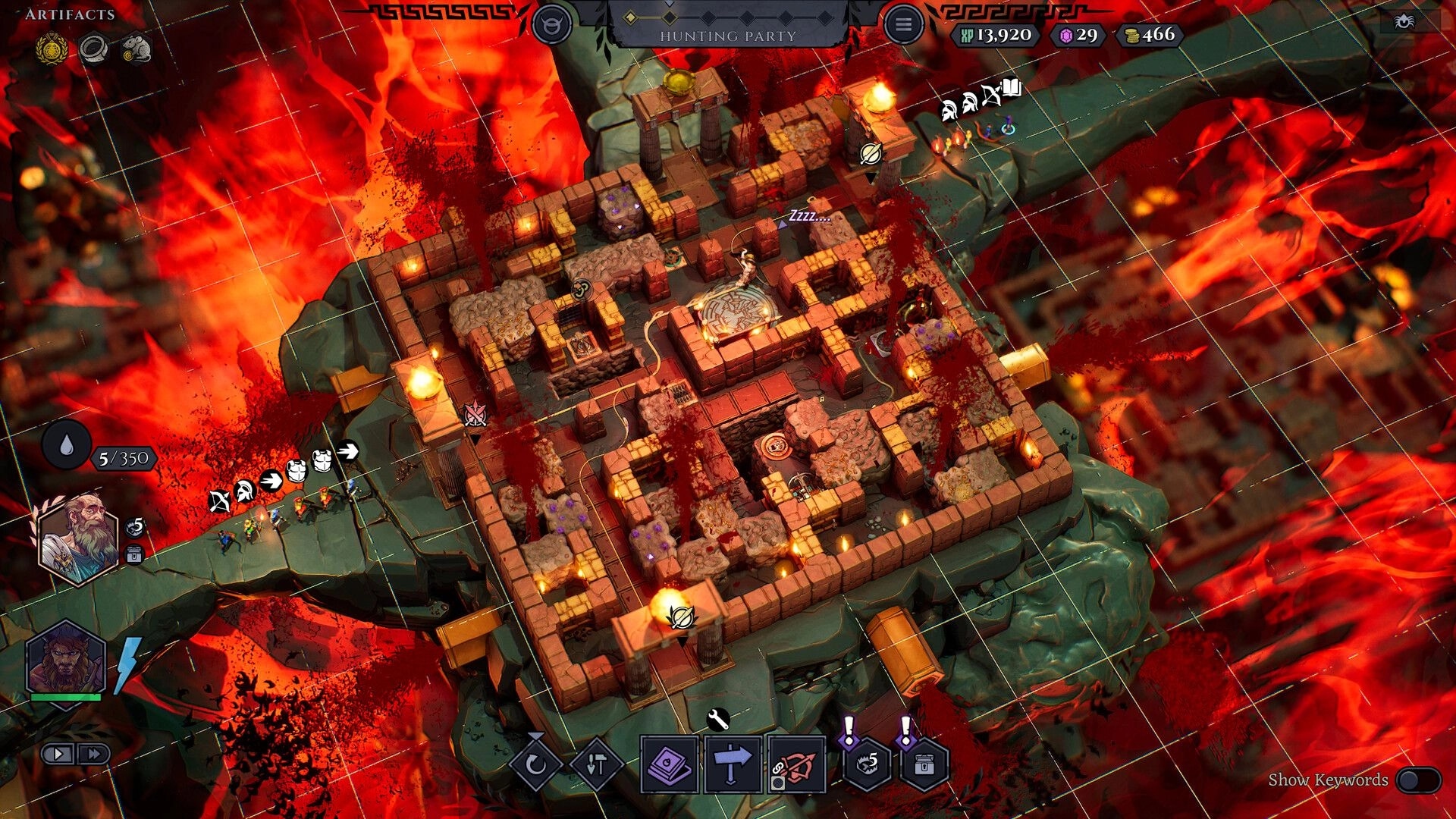 Minos: Top-down view of labyrinth with traps set, surrounded by fiery chasm, adventurers approaching