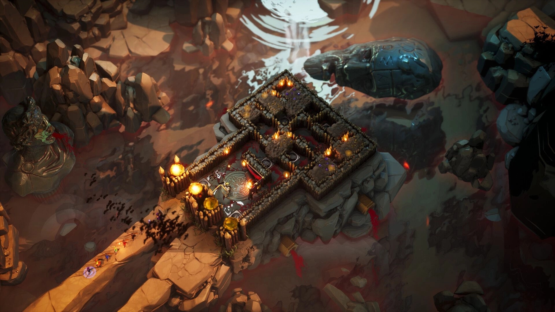 Minos: Overhead view of labyrinth with adventurers approaching, surrounded by rocky terrain and statues.