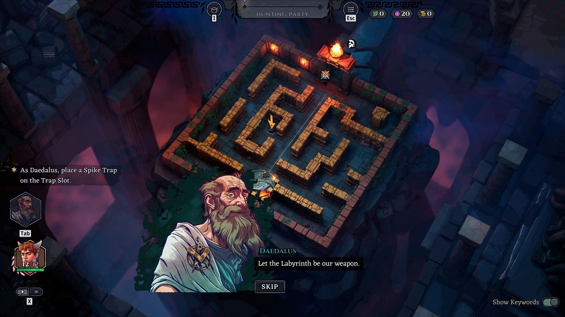 Minos: Daedalus instructs to place a Spike Trap in a stone maze with torch-lit paths and UI elements.