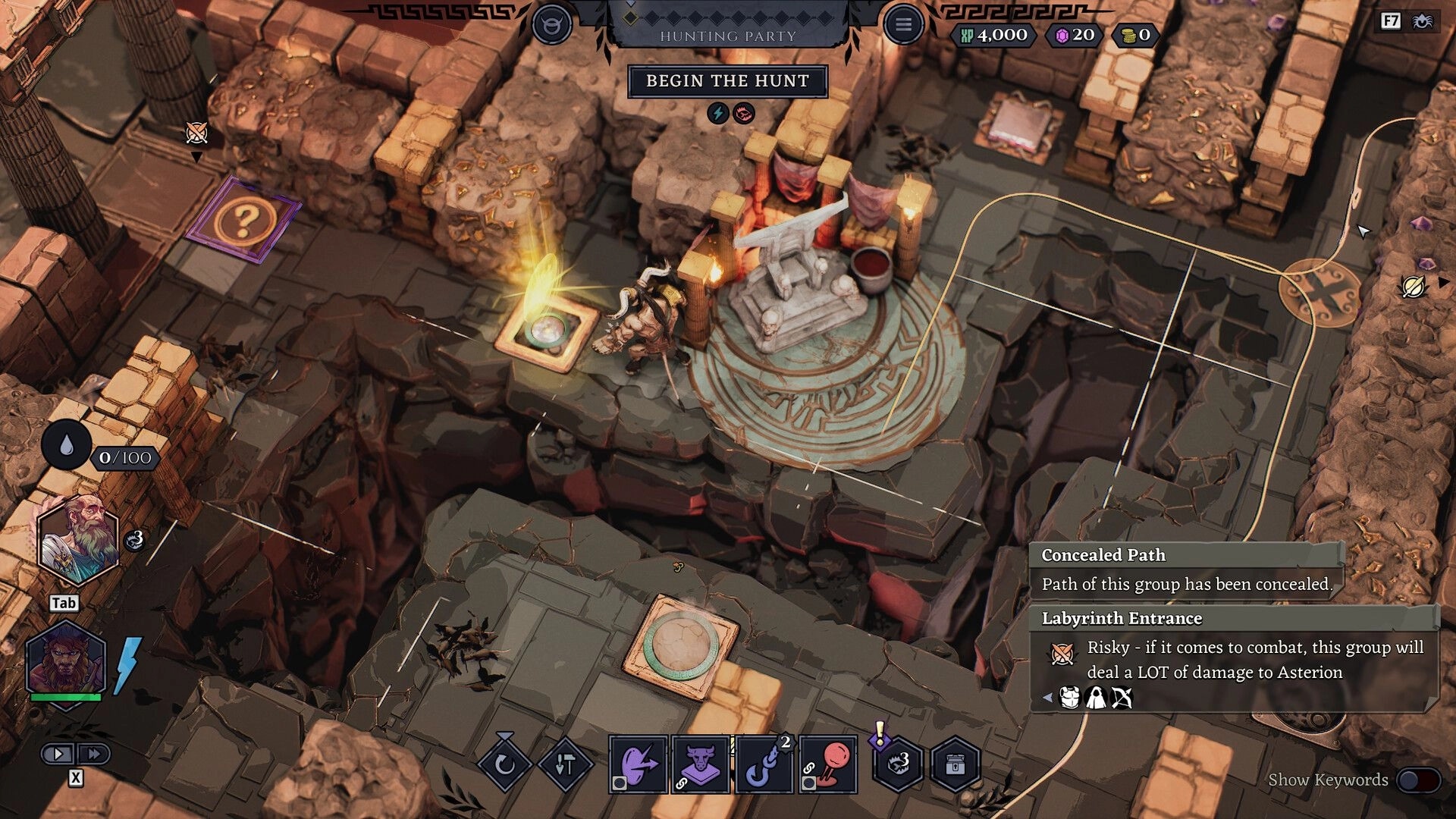 Minos: Minotaur at labyrinth entrance with traps, UI showing concealed paths in ancient stone maze