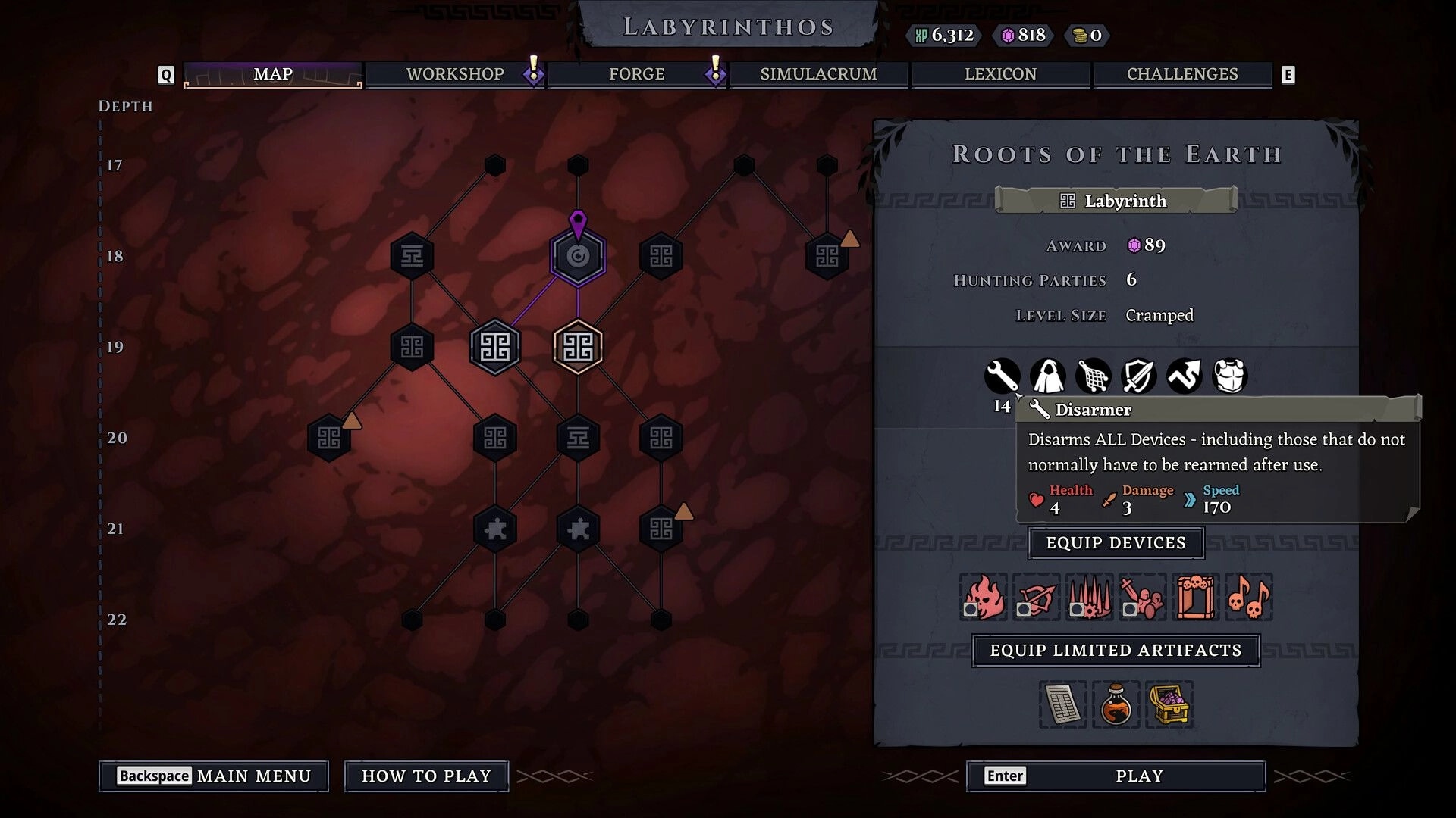 Minos: Labyrinth path selection and device equipment menu in dark, ancient-themed interface.