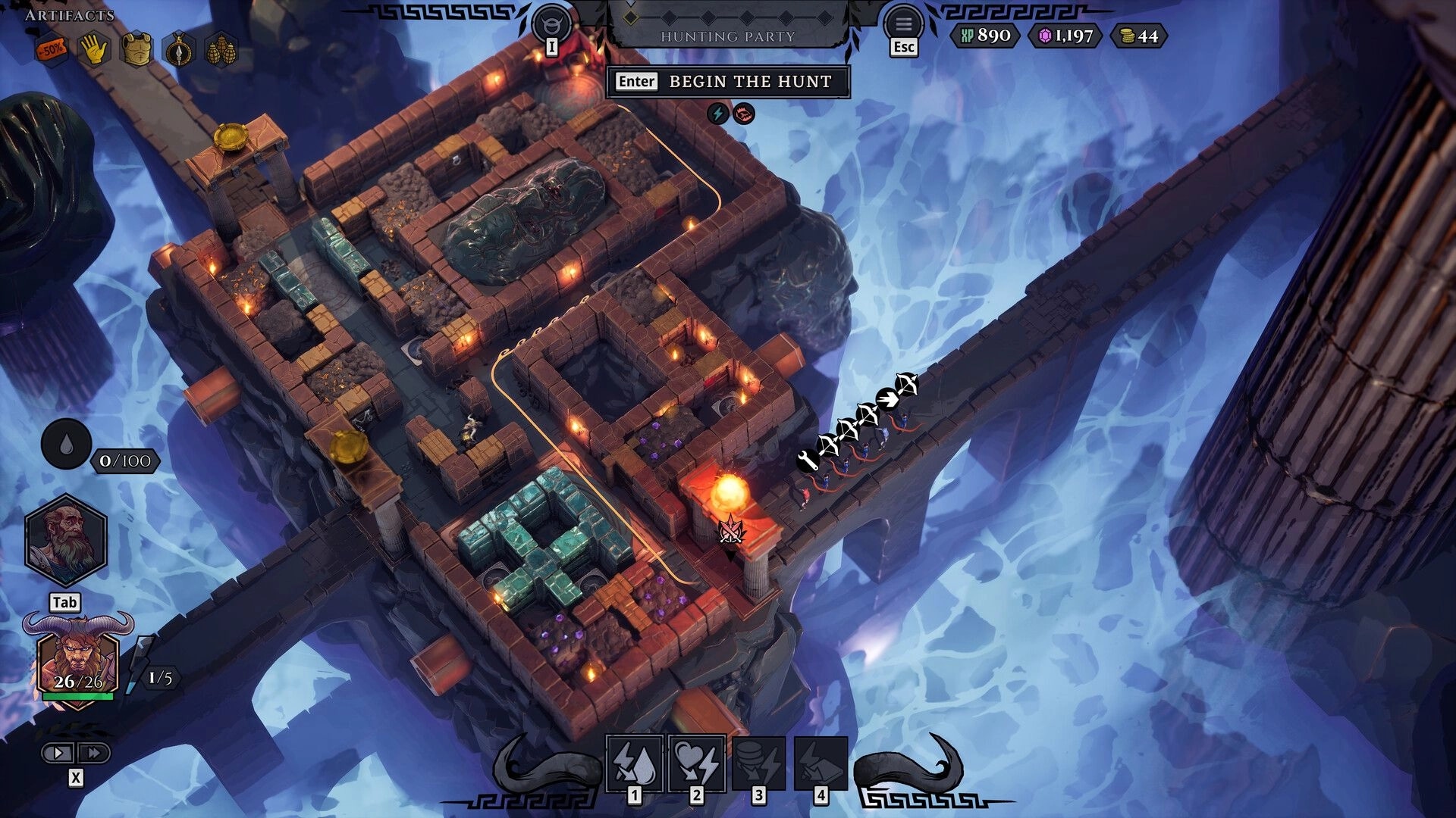 Minos: Overhead view of maze with traps and adventurers approaching, ready to begin the hunt