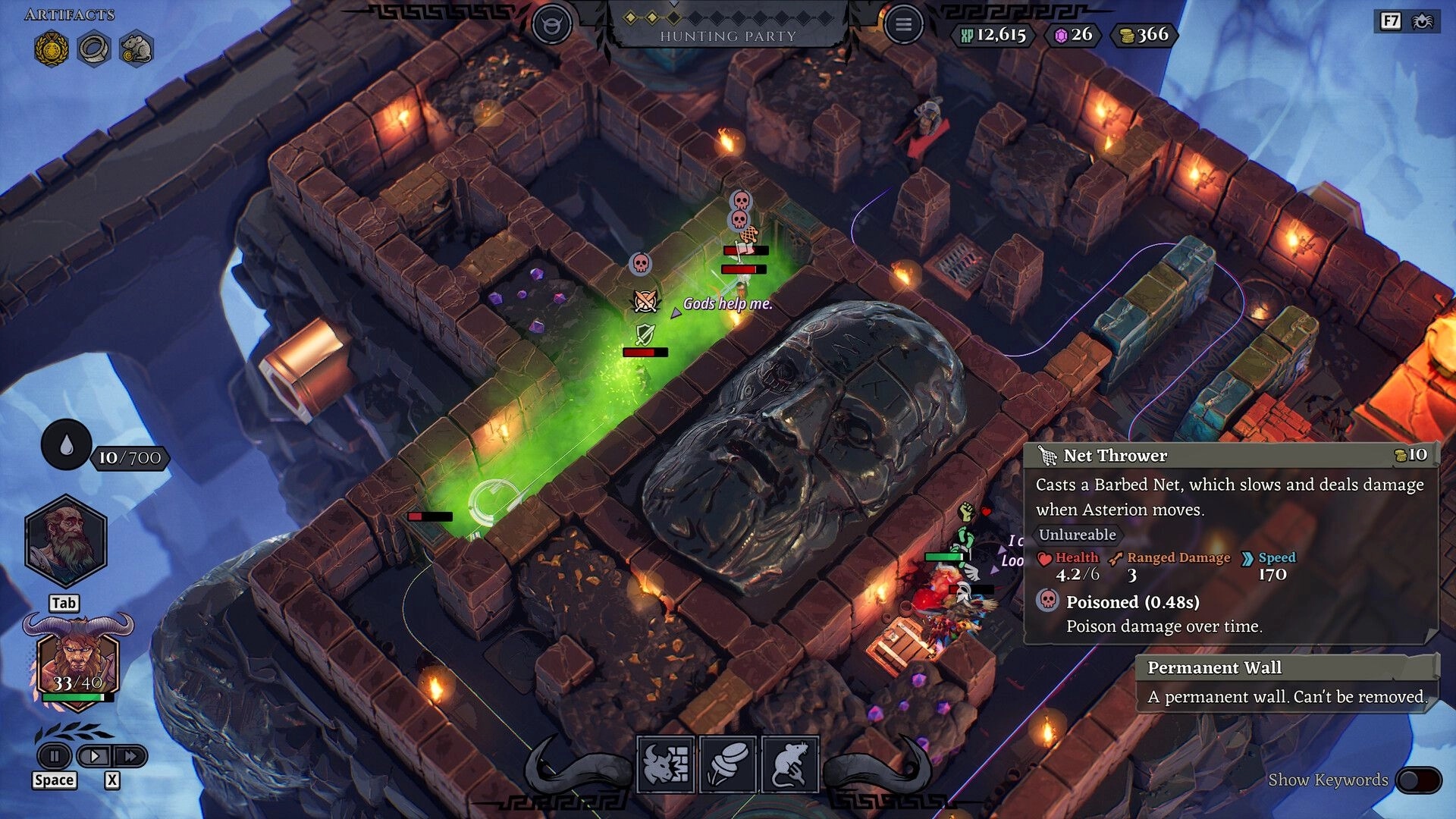 Minos: Asterion sets traps in a dungeon maze with glowing green poison and enemy health bars visible.