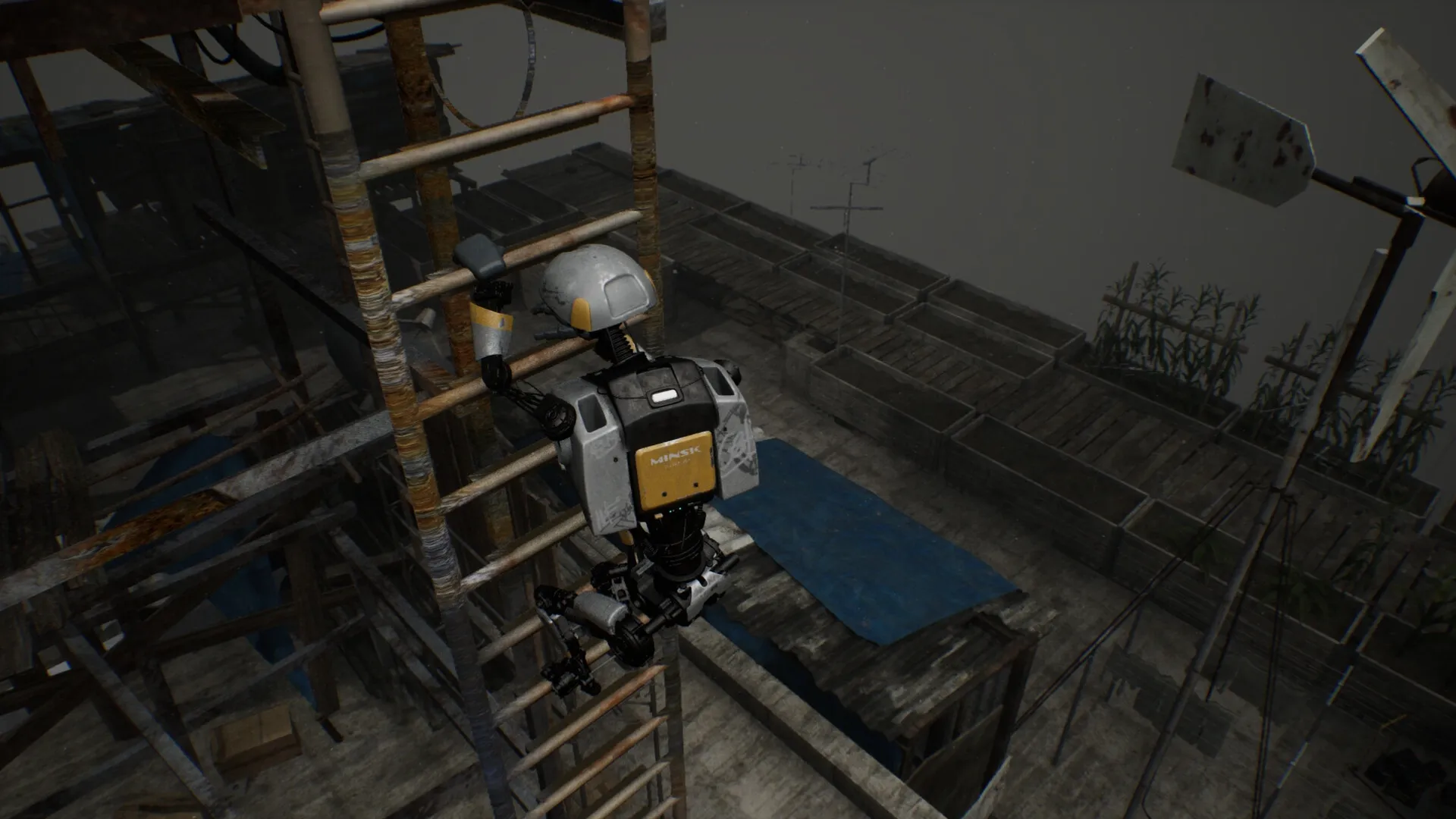 M.I.N.S.K.: Robot explorer climbs rusty ladder in abandoned city with rooftop gardens and antennas