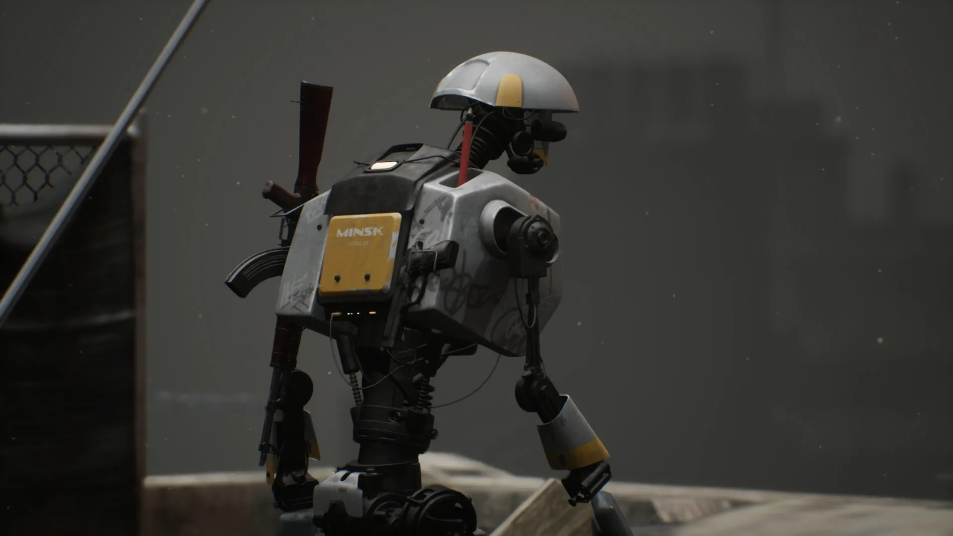 M.I.N.S.K.: Robot explorer stands on rooftop, overlooking foggy, abandoned cityscape in dystopian world.