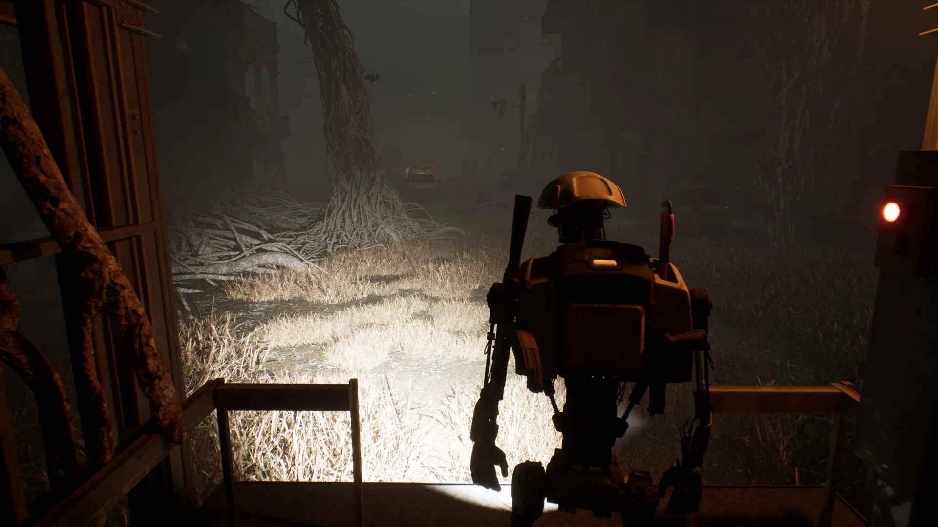 M.I.N.S.K.: Robot explorer stands at entrance, overlooking foggy, overgrown city street at night.