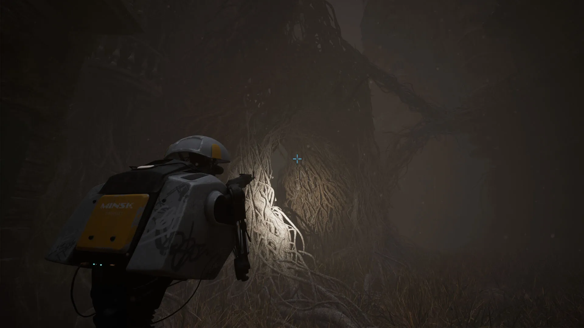 M.I.N.S.K.: Robot explorer shines flashlight on twisted tree roots in foggy, abandoned urban environment.
