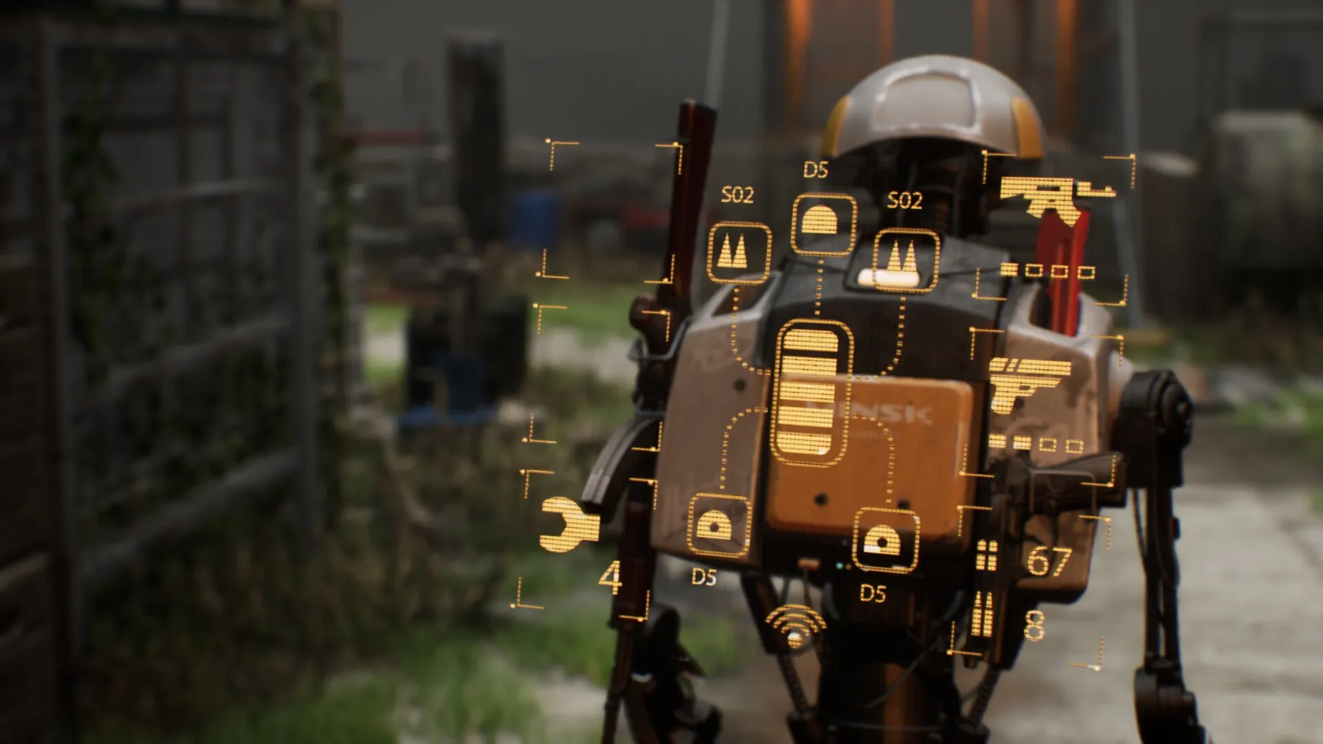 M.I.N.S.K.: Robot explorer with digital HUD interface in a lush, overgrown urban alleyway