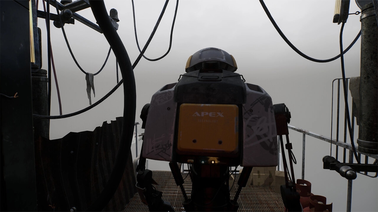 M.I.N.S.K.: Robot explorer surveying foggy industrial platform surrounded by cables and metal structures