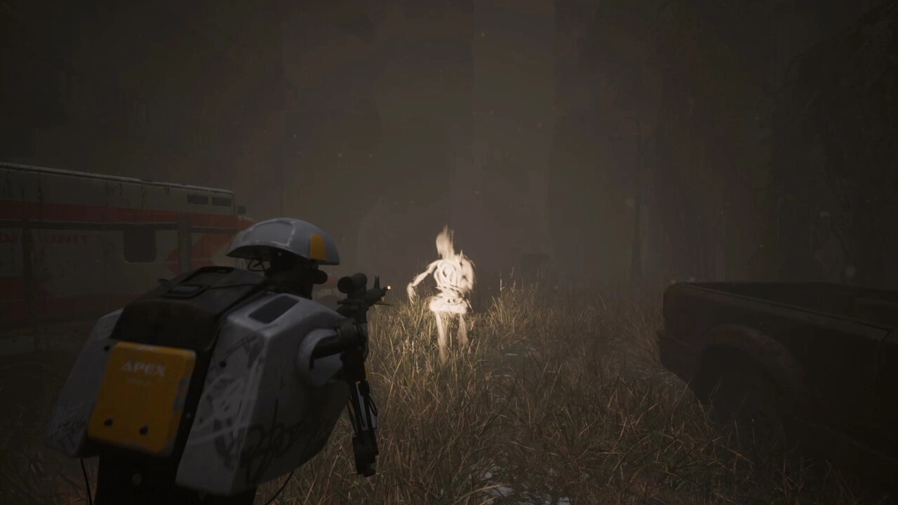 M.I.N.S.K.: Robot explorer aims at glowing figure in foggy, overgrown urban landscape with abandoned vehicles.