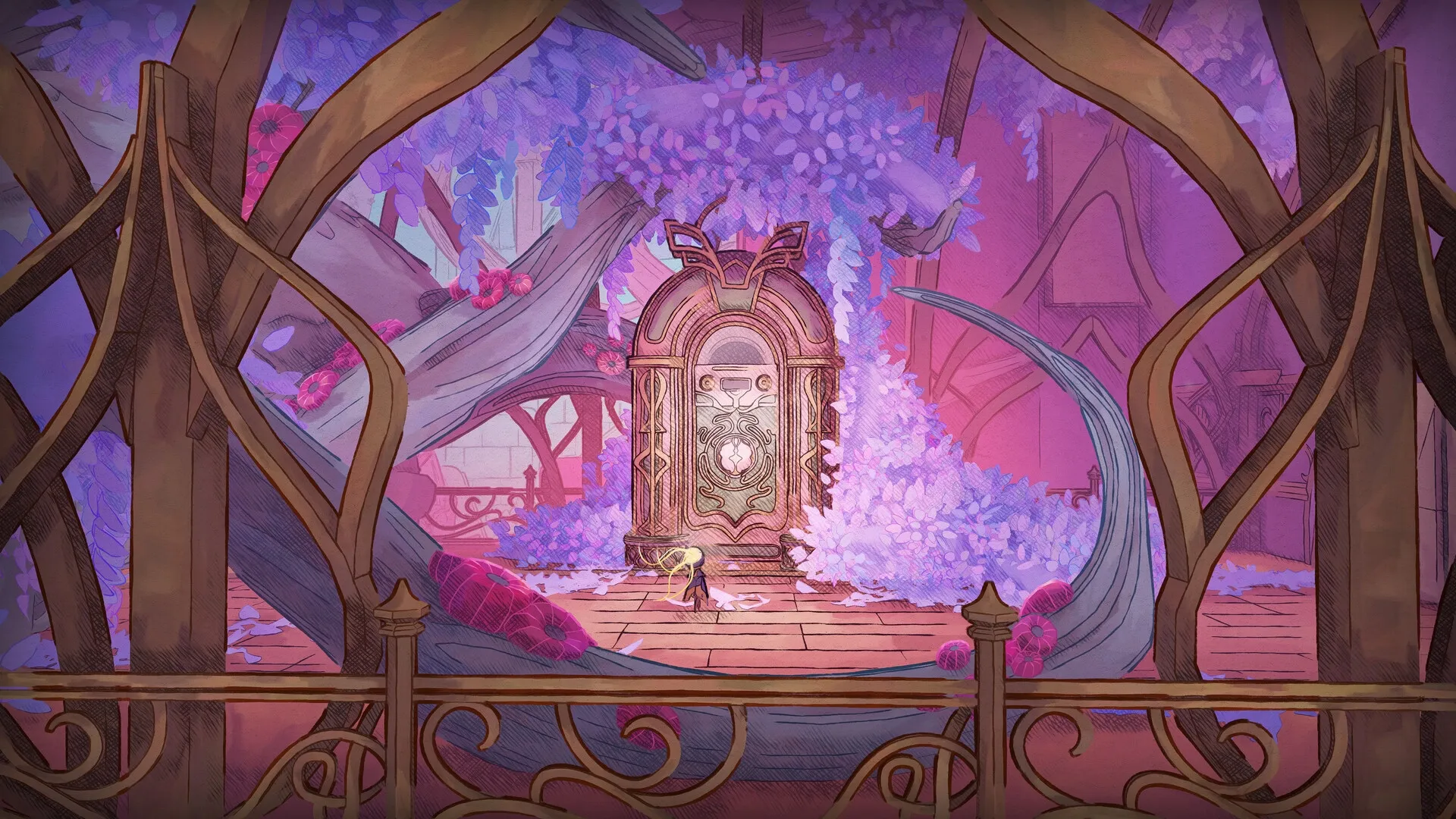 MIO: MIO stands before an ornate door entwined with colorful flora in a vibrant, overgrown corridor.