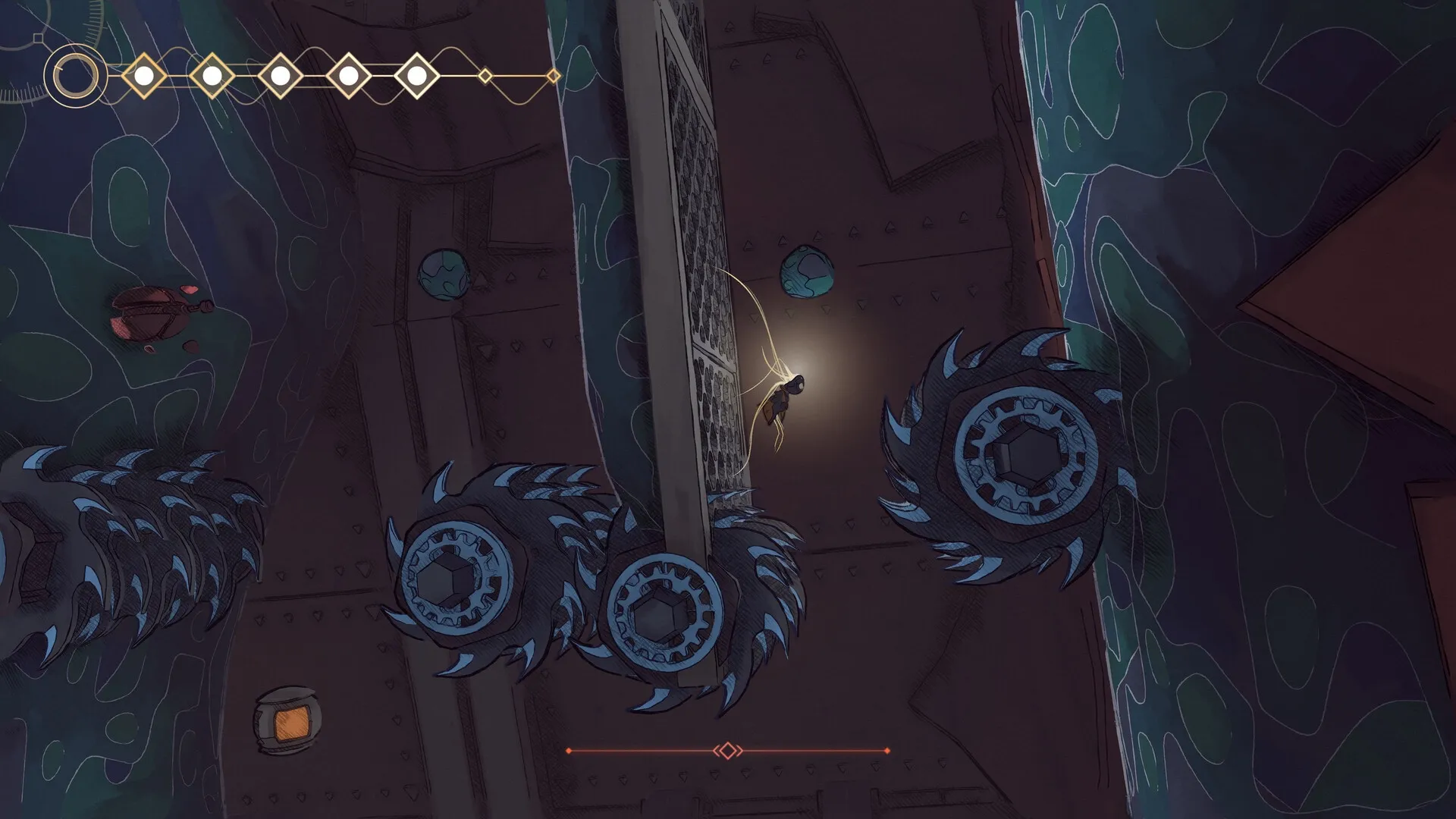 MIO: MIO navigates past rotating saw blades in a dimly lit, machinery-filled corridor of the Vessel.